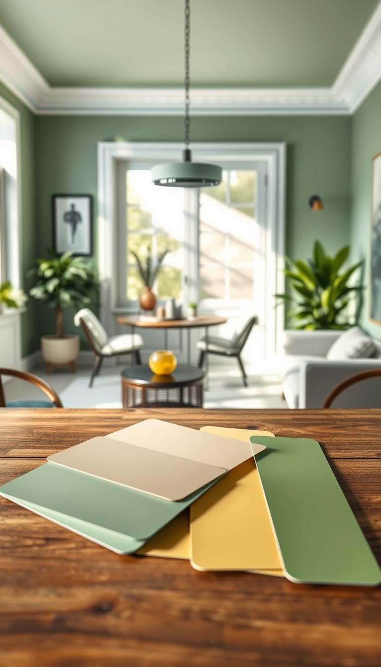 A photorealistic image showcasing a detailed finish and sheen guide for sage green paint. In the foreground, feature various paint swatches in different finishes—matte, eggshell, satin, and glossy—arranged artfully on a wooden table. The middle ground can display a well-lit, sophisticated home interior with sage green walls adorned with minimalist decor, enhancing the calming atmosphere. Soft natural light filters through a nearby window, casting gentle shadows and creating a serene mood. In the background, incorporate subtle hints of lush greenery from potted plants, reinforcing the theme of wellness and tranquility. The overall composition should convey a sense of sophistication and warmth, capturing the essence of a serene living space painted in sage green.