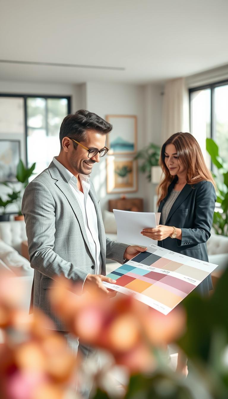 A photorealistic interior design studio showcasing "proven results" and a "people-first design ethos." In the foreground, a stylish designer, dressed in professional attire, reviews a color palette with a client, radiating warmth and collaboration. The middle ground features a beautifully designed modern living space, blending comfort with elegance—soft, neutral-toned furniture, lush indoor plants, and carefully selected artwork on the walls. The background shows large windows allowing natural light to flood in, enhancing the inviting atmosphere. The scene captures a sense of achievement through thoughtful design, highlighting the transformation of the space. Use soft, diffused lighting to create a bright and airy feel, with a slight depth-of-field effect to focus on the subjects without distractions.