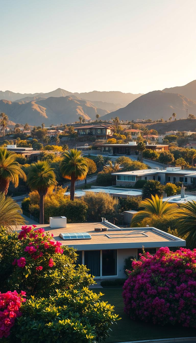 A picturesque view of the San Fernando Valley showcasing a blend of mid-century modern homes and lush greenery. In the foreground, a charming single-story residence, featuring a flat roof and large glass windows, is surrounded by vibrant bougainvillea and palm trees. The middle ground captures a gently sloping hill dotted with similar architectural styles, reflecting the area’s rich design history. The background reveals the rugged San Fernando mountains under a clear blue sky, bathed in warm, golden sunlight. The scene conveys a serene, inviting atmosphere, perfect for a design inspiration article. The overall composition should be photorealistic and in high definition, with a slight focus on the architectural details and natural surroundings.