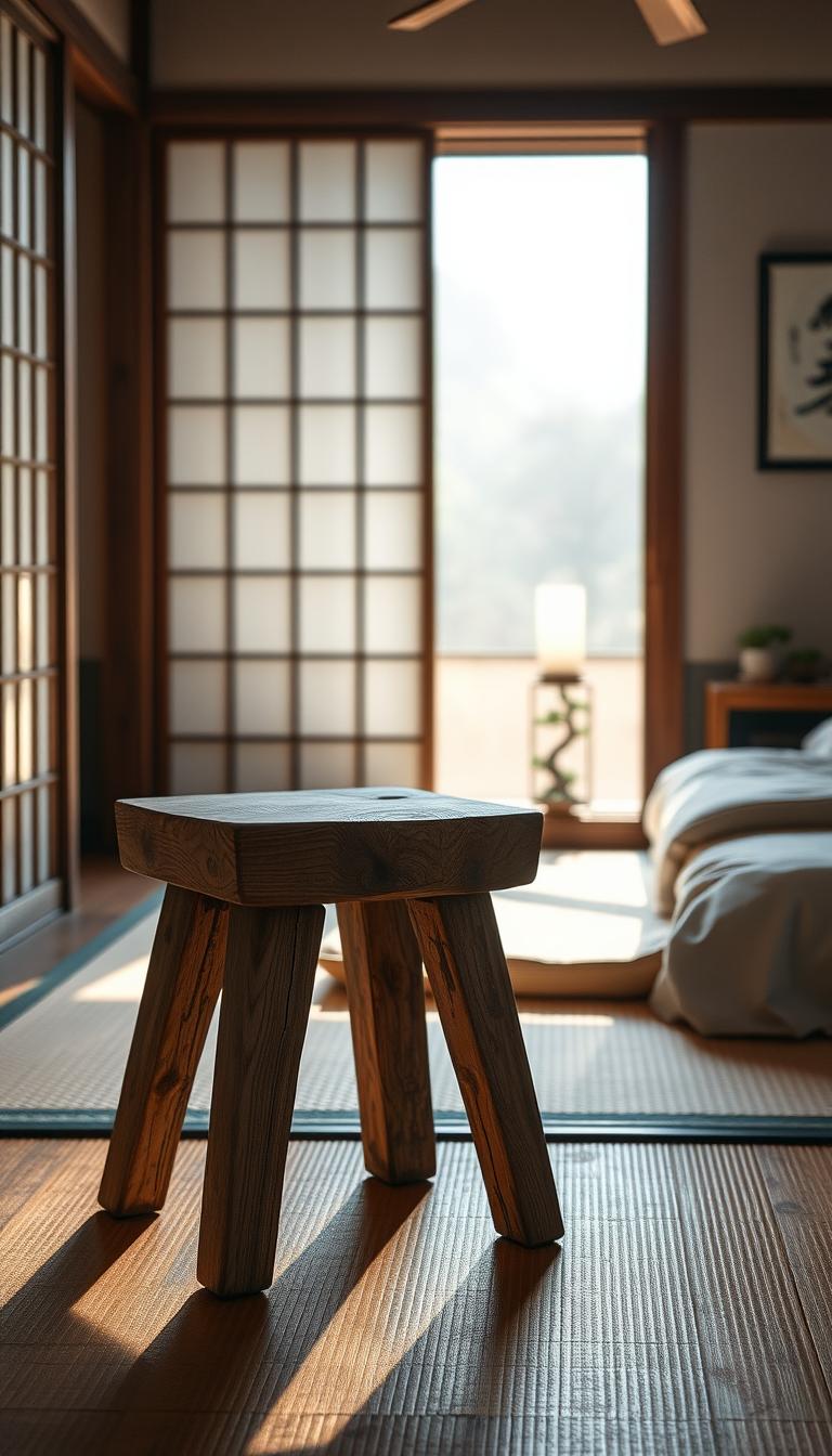 A rustic wood stool sits prominently in a tranquil Japanese bedroom setting, crafted from reclaimed timber with visible knots and a weathered finish. The stool features a simple, sturdy design with slightly splayed legs, enhancing its organic appeal. In the foreground, gentle natural light filters through a shoji screen, casting soft shadows and creating a serene atmosphere. The color palette includes warm browns, muted greens, and soft whites, embodying a calming and peaceful mood. In the middle ground, a tatami mat and minimalist bedding subtly complement the stool, while in the background, delicate decorative elements like a bonsai tree and traditional Japanese art enhance the sense of harmony. The image captures the essence of rustic warmth and simplicity in a cozy, inviting space. Photorealistic quality with high definition.