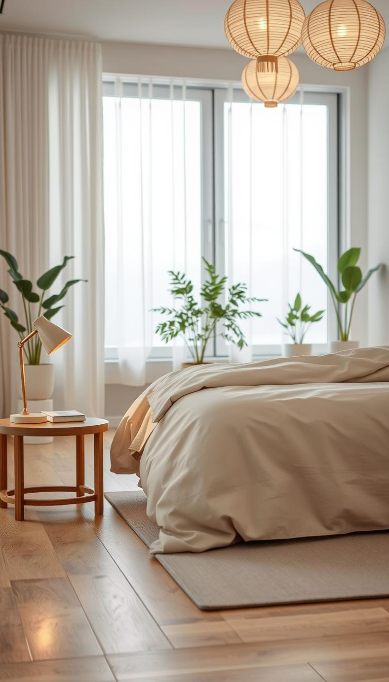 A serene Japandi bedroom scene capturing the essence of calm and balance. The foreground features a cozy queen-sized bed with a light beige linen duvet and an arrangement of neutral-toned pillows. A simple wooden bedside table holds a minimalist lamp, casting soft, warm light. In the middle, a natural wood floor contrasts with a muted area rug, while houseplants in ceramic pots add a touch of greenery. The background showcases paper lanterns hanging gently, and large windows allow soft, diffused daylight to fill the room, enhancing the tranquil atmosphere. The color palette is a harmonious blend of warm neutrals and natural tones, creating an inviting and peaceful vibe. The composition is designed to reflect minimalism and sophistication, shot from a slight angle to emphasize depth and balance.