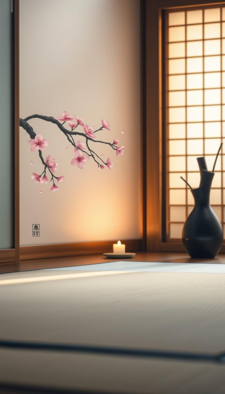 A serene Japanese bedroom art piece that embodies calmness and tranquility. In the foreground, a delicate ink painting of a cherry blossom tree with soft pink petals gently falling, elegantly framed in natural wood. The middle ground features a simple tatami mat, with minimalistic decor including a small zen garden and a candle softly illuminating the space. In the background, shoji screens softly diffuse warm, natural light, casting gentle shadows. The overall atmosphere is peaceful and inviting, evoking a sense of mindfulness. The image should be captured in high definition, with a focus on the intricate details of the artwork and decor, using a wide-angle lens to create depth and harmony within the space.