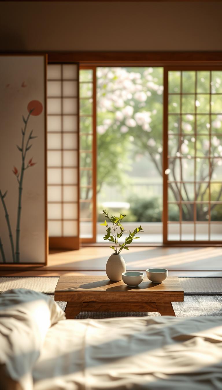 A serene Japanese bedroom featuring nature motifs to evoke calmness, surrounded by soft natural light. In the foreground, a minimalist wooden bed adorned with neutral-toned bedding. A delicate shoji screen to the side, showcasing a subtle watercolor-inspired design of cherry blossoms and bamboo. In the middle, a low wooden table with a small arrangement of fresh green leaves in a ceramic vase, paired with elegant porcelain teacups. The background showcases a softly illuminated window with a view of a tranquil garden, where gentle cherry blossom petals float in the breeze. The overall mood is peaceful and harmonious, emphasizing a clutter-free aesthetic that complements the essence of Japanese decor. Photorealistic with high definition, using soft focus on the background elements to create depth.