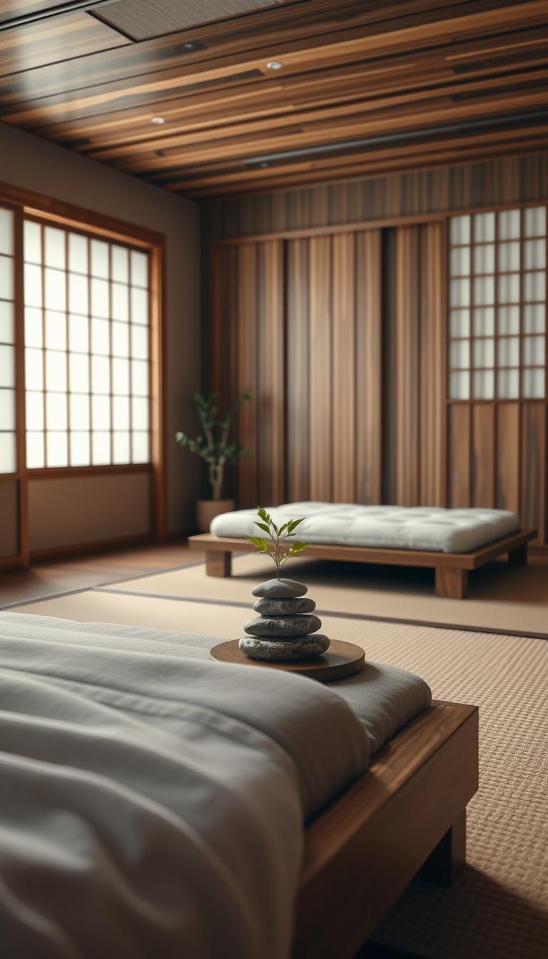 A serene Japanese bedroom interior showcasing a harmonious blend of different wood tones. In the foreground, a beautifully crafted wooden futon frame with soft, natural linens. The middle ground features a low wooden table adorned with a Zen arrangement of stones and a single green plant, accentuating the warm tones of the wood. A soft, tatami-matted floor invites a sense of calm. In the background, delicate shoji screens filter soft, diffused light from a window, illuminating the natural grain of the wood in the room. Use warm, earthy colors to enhance the atmosphere of tranquility and depth. The image should have a photorealistic style with high definition, captured from a low angle to emphasize the layered textures and peaceful ambiance.