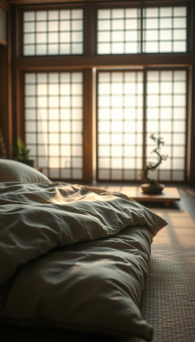A serene Japanese bedroom with a focus on bedding, showcasing a harmonious blend of textures. In the foreground, a plush futon draped with a soft, muted-toned quilt and layered with delicate, textured pillows that invite comfort. The middle ground features a low wooden platform bed, accentuated by warm, ambient lighting that casts gentle shadows, enhancing the peaceful atmosphere. A tatami mat adds an earthy layer underfoot, while subtle touches of greenery from a nearby bonsai plant peek into the scene. The background is softly blurred, suggesting shoji screens filtering natural light, creating a calm and tranquil ambiance. The overall mood is soothing and inviting, perfect for a cozy retreat. The image should be photorealistic, high definition, capturing the serene essence of Japanese decor.