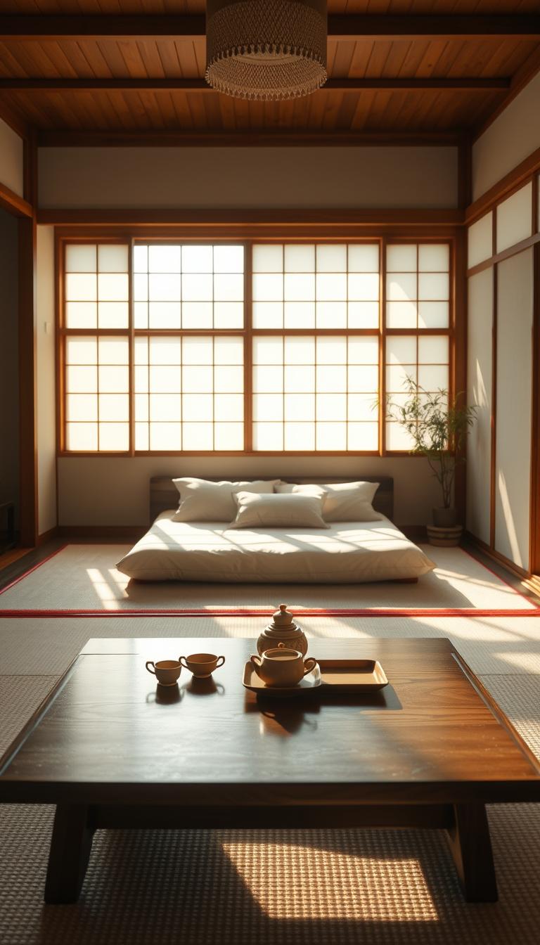 A serene Japanese-style bedroom bathed in soft natural light, highlighting elegant wooden elements. In the foreground, a low wooden table adorned with a delicate tea set, surrounded by tatami mats. The middle ground features a minimalist futon spread neatly, accented with pastel-colored cushions, creating a calming focal point. In the background, a shoji screen allows gentle sunlight to filter through, casting delicate shadows on the wall, enhancing the tranquil atmosphere. The room is adorned with subtle greenery, such as bonsai plants and bamboo, integrating nature into the decor. Shot with a wide-angle lens, capturing the entire space, with soft focus on the background, evoking a peaceful and inviting ambiance.