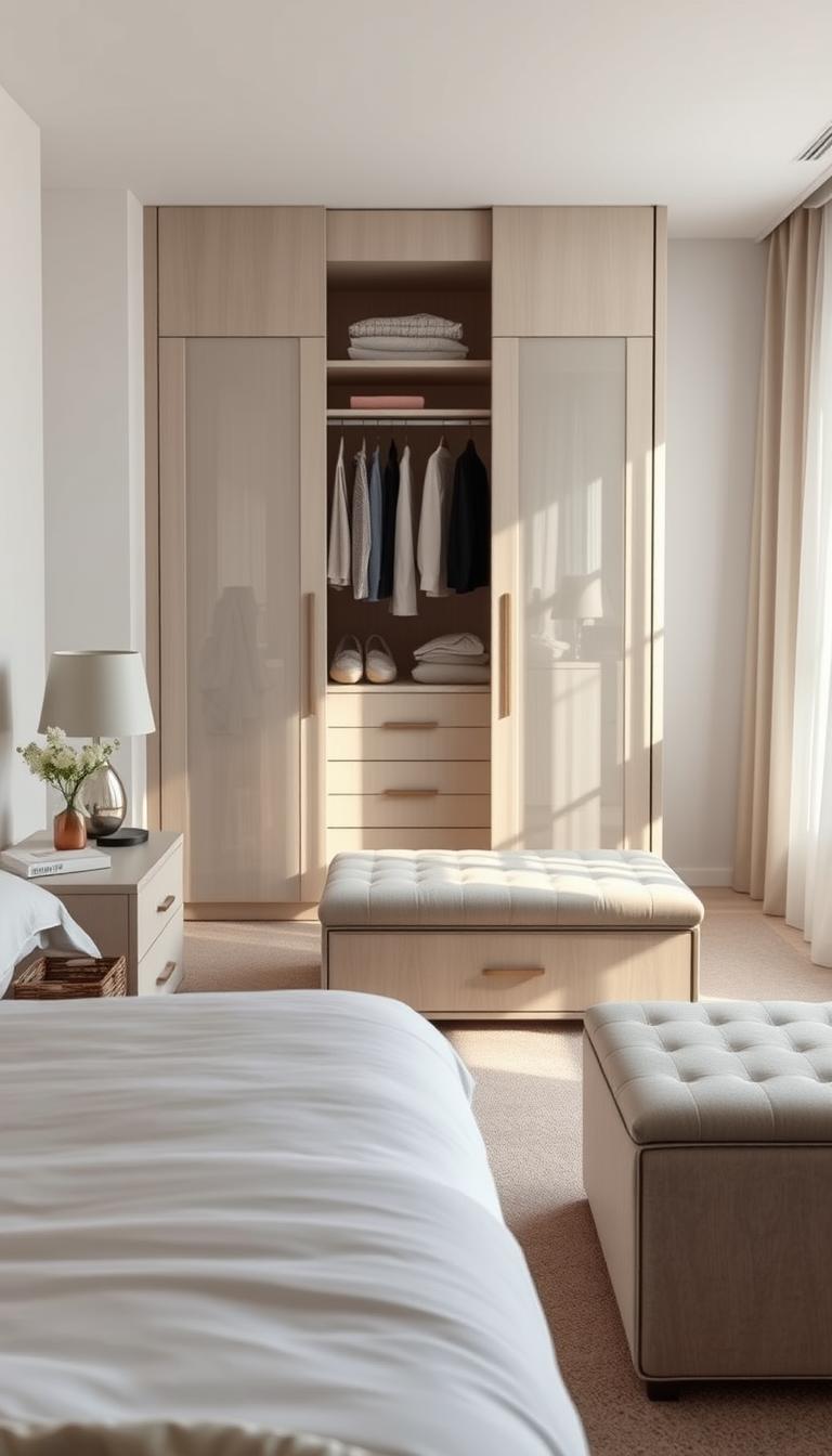 A serene adult bedroom featuring smart storage solutions, designed for optimal tranquility and style. In the foreground, we see elegant bedside tables with built-in drawers, displaying minimalist decor. The middle section showcases a beautifully organized wardrobe with sliding doors, revealing neatly arranged clothing and accessories. A stylish storage bench at the foot of the bed adds functionality and charm. The background highlights soft, diffused natural light filtering through sheer curtains, casting gentle shadows across the room. The color palette is soothing with pastel tones, contributing to a calm atmosphere. The overall mood is peaceful and inviting, ideal for promoting restful sleep. The image is photorealistic, with high definition detailing that enhances the furniture textures and lighting.