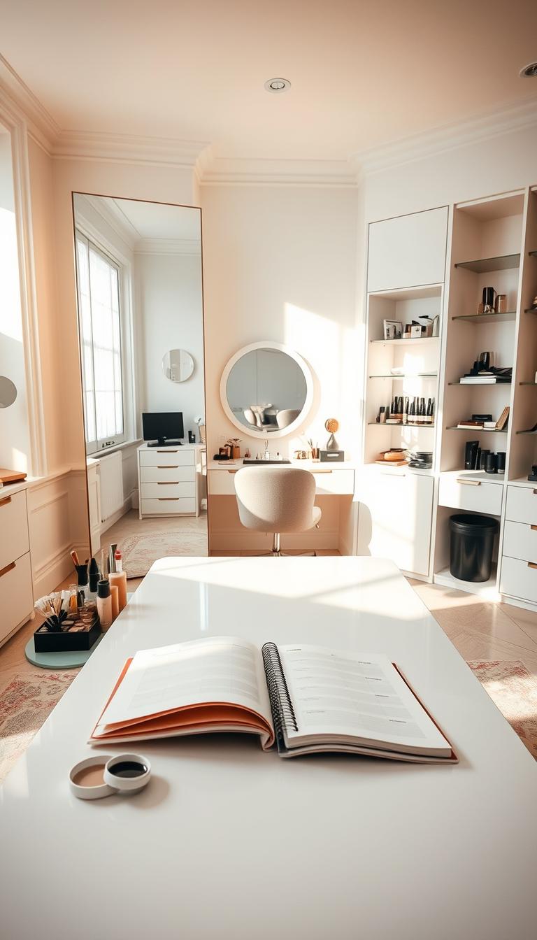 A serene and organized makeup room, showcasing a spacious layout designed for optimal workflow. In the foreground, a sleek, white vanity table with neatly arranged beauty products, measuring tools, and a stylish planner lies open, inviting careful planning. In the middle, tall mirrors reflect soft, diffused natural light, creating a calming atmosphere. The background features tranquil pastel walls adorned with elegant storage solutions, including shelves filled with makeup and accessories, emphasizing preparedness. The overall mood is one of peaceful organization, with gentle lighting and a warm color palette. Capture this scene with a slightly elevated angle to highlight the symmetry and layout, ensuring the focus remains on the artistry of space measurement and planning within the makeup environment. A serene and organized makeup room, showcasing a spacious layout designed for optimal workflow. In the foreground, a sleek, white vanity table with neatly arranged beauty products, measuring tools, and a stylish planner lies open, inviting careful planning. In the middle, tall mirrors reflect soft, diffused natural light, creating a calming atmosphere. The background features tranquil pastel walls adorned with elegant storage solutions, including shelves filled with makeup and accessories, emphasizing preparedness. The overall mood is one of peaceful organization, with gentle lighting and a warm color palette. Capture this scene with a slightly elevated angle to highlight the symmetry and layout, ensuring the focus remains on the artistry of space measurement and planning within the makeup environment.