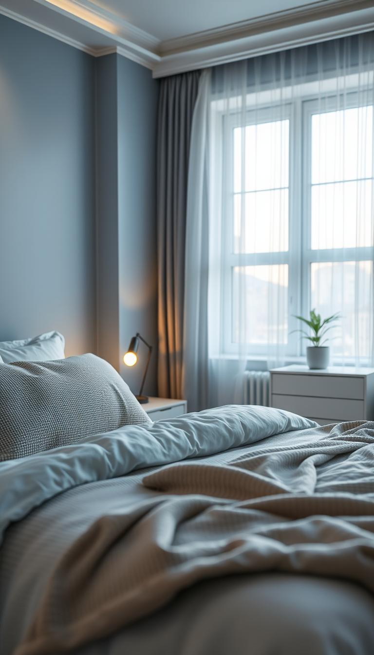 A serene and soothing bedroom interior showcasing a calming color palette of soft blues, gentle grays, and muted creams. In the foreground, a neatly made queen-sized bed features cozy, textured pillows and a plush throw blanket, inviting relaxation. The middle ground reveals a minimalist nightstand with a softly glowing lamp and a small potted plant, adding a touch of nature. In the background, large windows with sheer curtains gently filter natural sunlight, enhancing the tranquil atmosphere. The soft focus captures the warmth of ambient lighting, creating a cozy, inviting environment. The overall mood is peaceful and restful, designed to evoke a sense of winding down and comfort, suitable for promoting better sleep. Photorealistic image with high definition.