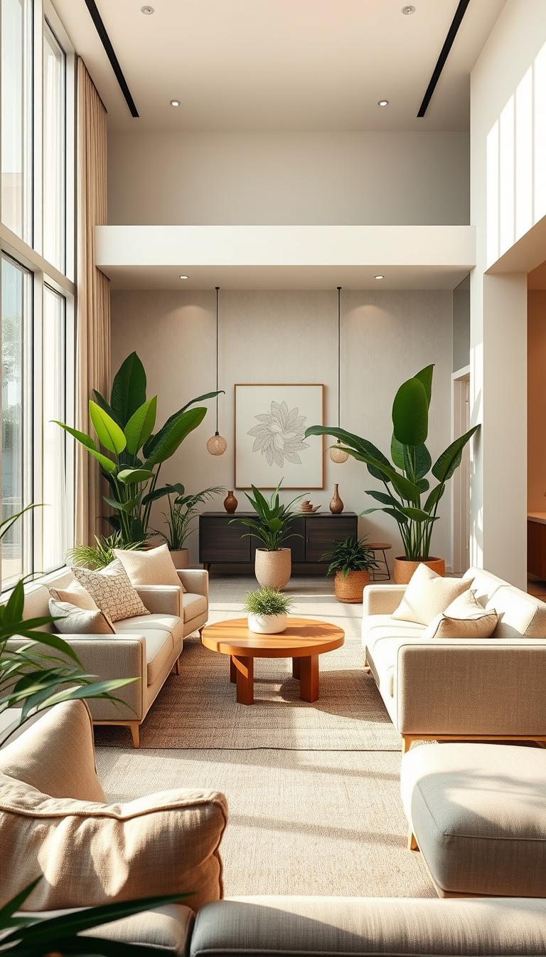 A serene and sophisticated interior space where design harmonizes with wellness. The foreground features a beautifully arranged sitting area with comfortable furniture, accentuated by soft, natural fabrics in calming hues. In the middle, large windows allow gentle sunlight to flood in, illuminating the space and enhancing the feeling of openness and flow. Green plants are strategically placed around the room, creating a connection to nature. The background showcases an elegant wall with modern art pieces and soft lighting, casting a warm glow. Use a wide-angle lens effect to capture the entire ambiance, with a focus on perspective that emphasizes depth. The atmosphere should evoke tranquility, inviting relaxation and mindfulness, with an emphasis on clean lines and an organized layout that feels both welcoming and refreshing. A serene and sophisticated interior space where design harmonizes with wellness. The foreground features a beautifully arranged sitting area with comfortable furniture, accentuated by soft, natural fabrics in calming hues. In the middle, large windows allow gentle sunlight to flood in, illuminating the space and enhancing the feeling of openness and flow. Green plants are strategically placed around the room, creating a connection to nature. The background showcases an elegant wall with modern art pieces and soft lighting, casting a warm glow. Use a wide-angle lens effect to capture the entire ambiance, with a focus on perspective that emphasizes depth. The atmosphere should evoke tranquility, inviting relaxation and mindfulness, with an emphasis on clean lines and an organized layout that feels both welcoming and refreshing.