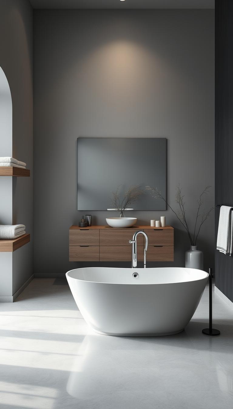 A serene bathroom interior featuring gray walls in a gradient from pale dove to deep charcoal. In the foreground, an elegant freestanding bathtub with subtle water reflections invites relaxation, flanked by minimalist wooden shelves displaying soft towels. The middle ground showcases a stylish vanity with a large mirror reflecting the soothing gray hues surrounding it. Ambient lighting creates a warm, calming atmosphere, accentuating the smooth textures of the walls and floor. In the background, delicate plants add a touch of nature, contrasting with the gray tones. Shot with a wide-angle lens to capture the entire scene, the image embodies tranquility, inviting viewers to envision a peaceful oasis. High-definition and photorealistic to enhance the visual impact.