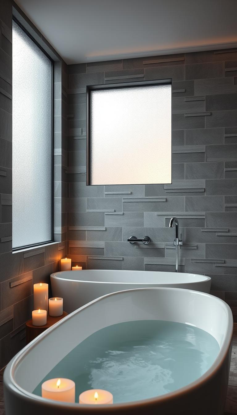 A serene bathroom setting showcasing a beautiful arrangement of undertones gray tiles. In the foreground, a sleek, modern bathtub is filled with soft, inviting water, surrounded by candles that reflect warm light. The middle section features an elegant grey tile wall that incorporates various shades of warm and cool grays, emphasizing the interplay of tones. Subtle shadows create depth, highlighting the intricate textures of the tiles. In the background, a frosted glass window lets in soft, natural light, enhancing the calm atmosphere. The overall mood is tranquil and inviting, perfect for a soothing oasis. The image should be captured in high-definition, with a focus on photorealistic details and a slightly angled perspective to add dimension.