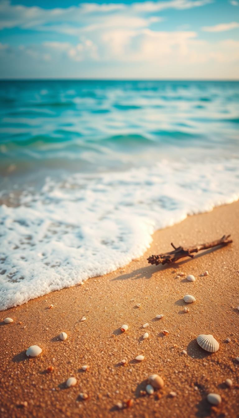 A serene beach scene capturing the rhythmic waves gently lapping against the shore. In the foreground, fine golden sand sprinkled with small seashells and pieces of driftwood glistening in the sunlight. The middle ground features clear turquoise waters reflecting the vibrant blue sky, with soft, white foamy waves creating a calming effect. In the background, a distant horizon where the ocean meets the sky is painted with hints of pastel colors from a soft sunrise or sunset. The lighting is warm and inviting, evoking a sense of relaxation. The atmosphere is peaceful, embodying coastal vibes perfect for summer inspiration. This photorealistic image should be captured from a low angle focusing on the interplay between waves and sand, enhancing the tranquil beach experience. A serene beach scene capturing the rhythmic waves gently lapping against the shore. In the foreground, fine golden sand sprinkled with small seashells and pieces of driftwood glistening in the sunlight. The middle ground features clear turquoise waters reflecting the vibrant blue sky, with soft, white foamy waves creating a calming effect. In the background, a distant horizon where the ocean meets the sky is painted with hints of pastel colors from a soft sunrise or sunset. The lighting is warm and inviting, evoking a sense of relaxation. The atmosphere is peaceful, embodying coastal vibes perfect for summer inspiration. This photorealistic image should be captured from a low angle focusing on the interplay between waves and sand, enhancing the tranquil beach experience.