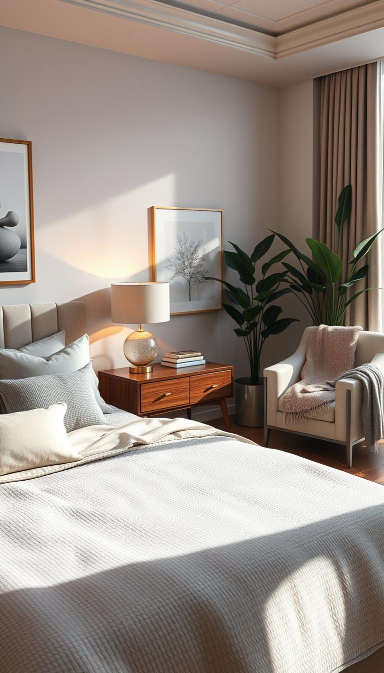 A serene bedroom scene designed for adults, showcasing timeless elegance. In the foreground, a luxurious queen-sized bed with a plush, textured blanket and an array of soft, decorative pillows. The middle layer features a stylish wooden nightstand with a modern lamp casting soft, warm light. On the opposite side, a chic armchair upholstered in neutral tones, with a cozy throw draped over it. The background reveals a softly painted wall adorned with minimalist art and lush indoor plants, harmonizing with the decor. Large windows allow natural light to flood the room, enhancing the calm and inviting atmosphere. The overall mood is tranquil and sophisticated, ideal for restful sleep. Photorealistic, high definition, captured with a wide-angle lens to emphasize space and detail.