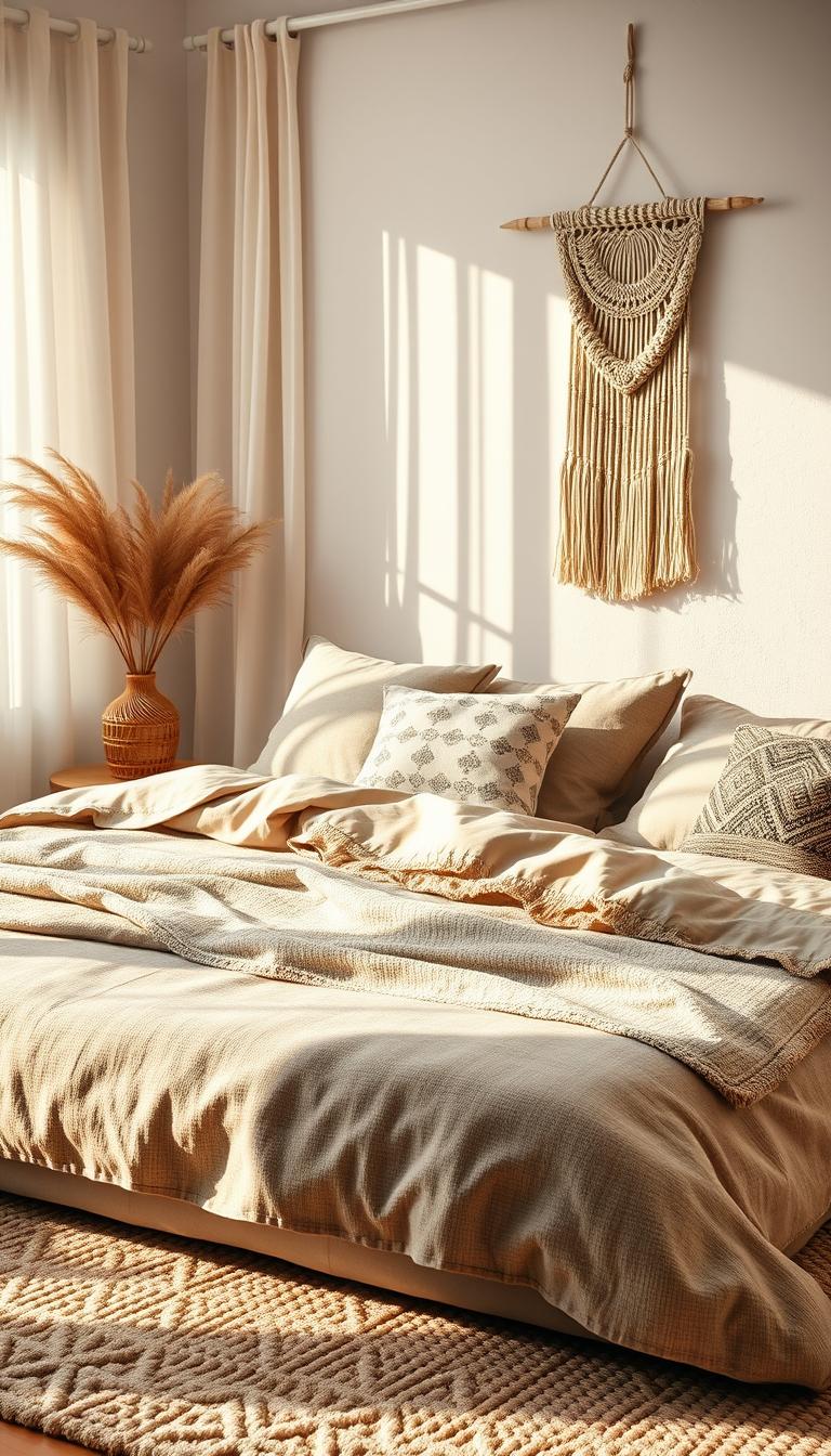 A serene bedroom scene showcasing a calming boho color palette. In the foreground, a cozy bed with soft, textured bedding in muted earth tones, adorned with patterned throw pillows and a woven blanket. Nestled beside the bed, an elegant rattan nightstand holds a minimalist vase with dried pampas grass. The middle ground features a plush, layered rug with geometric designs, providing warmth to the space. Behind, the walls are painted in soothing, soft pastels with macramé wall hangings that enhance the bohemian vibe. Gentle natural light filters through sheer curtains, casting soft shadows and creating a tranquil atmosphere. The image is captured from a low angle, emphasizing the inviting ambiance, inviting viewers to feel the calmness of this boho haven. Perfectly photorealistic and high definition, evoking a sense of peace and comfort.