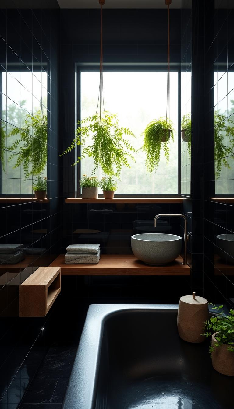 A serene black bathroom featuring glossy black tiles that create a striking backdrop. In the foreground, subtle wood accents such as a sleek vanity and floating shelves warm the space, while smooth, natural stone elements like a textured sink and decorative stone planters add an organic touch. Lush greenery, including small potted plants and hanging ferns, introduces vitality into the setting. Soft, diffuse natural light filters in through an obscured window, casting gentle shadows and creating a calm atmosphere. The composition is shot from a slightly elevated angle to capture the harmonious blend of materials and natural elements, evoking a peaceful spa-like retreat. The overall mood is tranquil and inviting, perfect for a rejuvenating bath experience. A serene black bathroom featuring glossy black tiles that create a striking backdrop. In the foreground, subtle wood accents such as a sleek vanity and floating shelves warm the space, while smooth, natural stone elements like a textured sink and decorative stone planters add an organic touch. Lush greenery, including small potted plants and hanging ferns, introduces vitality into the setting. Soft, diffuse natural light filters in through an obscured window, casting gentle shadows and creating a calm atmosphere. The composition is shot from a slightly elevated angle to capture the harmonious blend of materials and natural elements, evoking a peaceful spa-like retreat. The overall mood is tranquil and inviting, perfect for a rejuvenating bath experience.