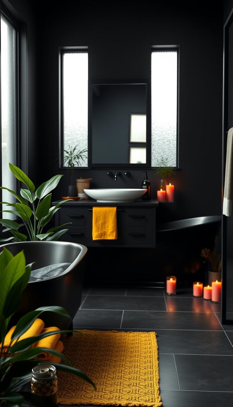 A serene black small bathroom exuding a spa-like retreat atmosphere. The foreground features elegant, colorful accessories like a vibrant teal bath mat, bright yellow towels artfully arranged, and lush green plants providing a fresh touch. In the middle, a sleek black vanity reflects the light from a stylish black-framed mirror, with warm lighting creating a cozy glow. The background showcases a stunning black bathtub with colorful candles in shades of orange and pink scattered around for a pop of personality. Soft natural light filters in from a frosted window, enhancing the peaceful ambiance. This photorealistic image captures a perfect balance of sophistication and liveliness, inviting relaxation and comfort. A serene black small bathroom exuding a spa-like retreat atmosphere. The foreground features elegant, colorful accessories like a vibrant teal bath mat, bright yellow towels artfully arranged, and lush green plants providing a fresh touch. In the middle, a sleek black vanity reflects the light from a stylish black-framed mirror, with warm lighting creating a cozy glow. The background showcases a stunning black bathtub with colorful candles in shades of orange and pink scattered around for a pop of personality. Soft natural light filters in from a frosted window, enhancing the peaceful ambiance. This photorealistic image captures a perfect balance of sophistication and liveliness, inviting relaxation and comfort.