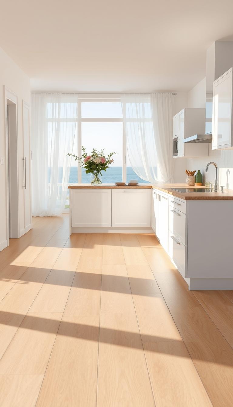 A serene coastal interior with light wood floors in a bright white kitchen. The foreground features smooth, wide planks of light oak with subtle grains, reflecting sunlit warmth. In the middle, a contemporary kitchen island with sleek white cabinetry complements the floor, adorned with fresh flowers in a glass vase, and natural stone countertops. The background showcases large windows with sheer white curtains fluttering in a gentle breeze, revealing glimpses of a tranquil seaside view. The image is illuminated by soft, diffused sunlight, enhancing the airy and inviting atmosphere. The composition is captured from a slightly elevated angle to create depth, evoking a sense of coastal calm and relaxation.
