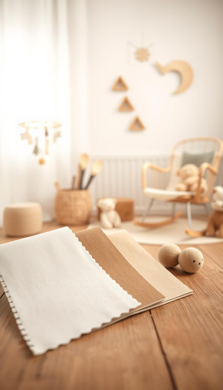 A serene color palette showcasing a harmonious blend of soft whites, gentle beiges, and earthy browns, ideal for a tranquil nursery. In the foreground, display elegant swatches of fabric and paint samples arranged aesthetically on a wooden surface, featuring textures that evoke warmth and calm. The middle ground should include subtle elements like a cozy rocking chair and plush toys in neutral tones, hinting at a comforting nursery vibe. The background can feature softly blurred imagery of delicate nursery decor, such as a simple mobile and natural wood accents, all bathed in warm, diffused lighting that creates a peaceful atmosphere. Use a shallow depth of field to enhance focus on the palette while gently hinting at the serene environment. High definition, photorealistic quality to evoke a sense of tranquility and elegance.