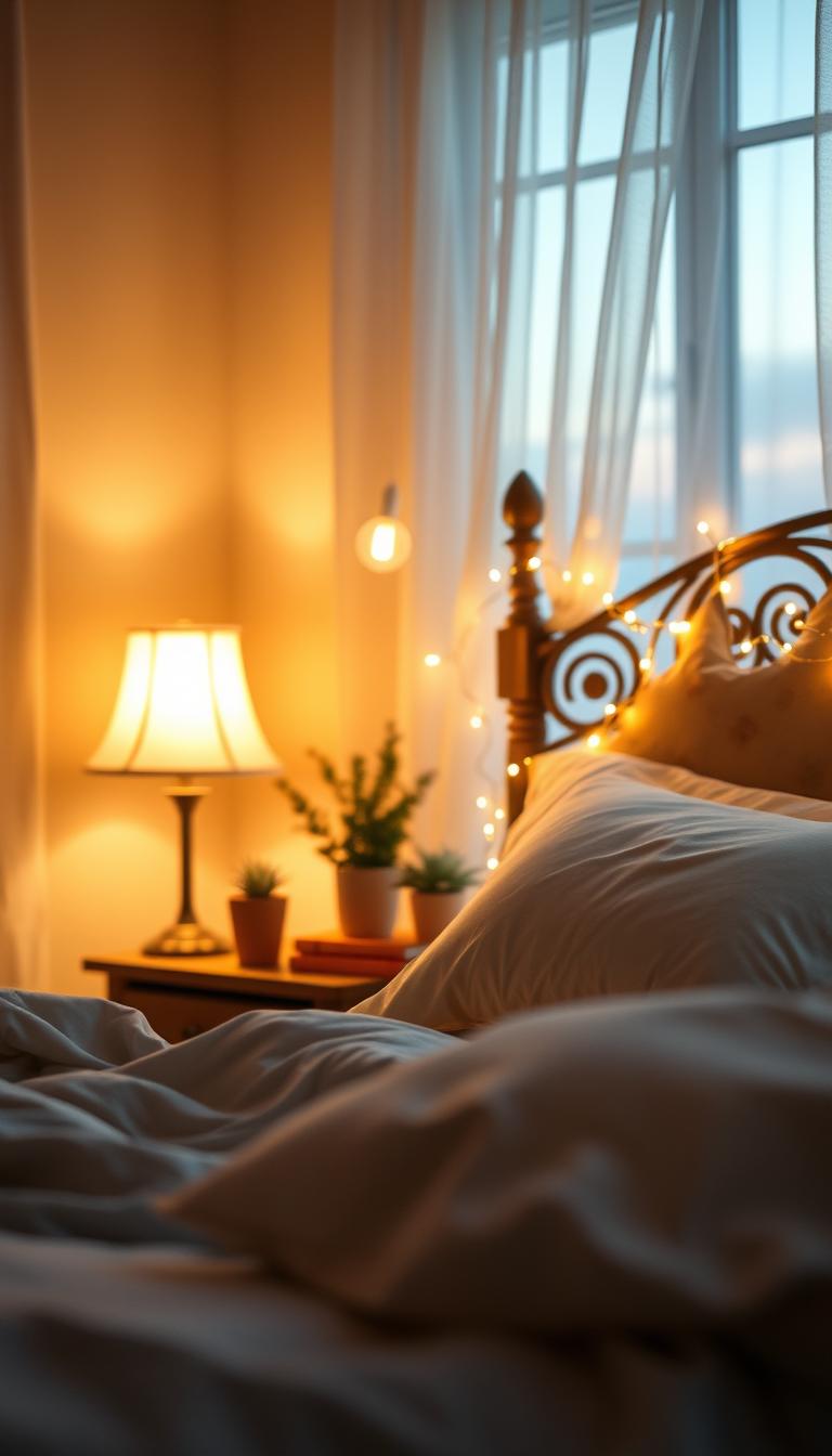 A serene fantasy bedroom bathed in warm, soft lighting. In the foreground, a beautifully detailed accent lamp glows with a gentle, inviting light, casting intricate shadows on the plush bedding. The middle ground features twinkling fairy lights draped along a decorative headboard, adding a magical touch. Subtle decorative elements, like potted plants and books, enhance the inviting atmosphere. The background reveals a softly lit window with sheer curtains fluttering in a gentle breeze, allowing hints of twilight to filter through. Use a shallow depth of field to focus on the lamp and fairy lights while softly blurring the background. The overall mood is tranquil and enchanting, evoking a sense of comfort and serenity. Please create a photorealistic, high-definition image, avoiding any text overlays or watermarks. A serene fantasy bedroom bathed in warm, soft lighting. In the foreground, a beautifully detailed accent lamp glows with a gentle, inviting light, casting intricate shadows on the plush bedding. The middle ground features twinkling fairy lights draped along a decorative headboard, adding a magical touch. Subtle decorative elements, like potted plants and books, enhance the inviting atmosphere. The background reveals a softly lit window with sheer curtains fluttering in a gentle breeze, allowing hints of twilight to filter through. Use a shallow depth of field to focus on the lamp and fairy lights while softly blurring the background. The overall mood is tranquil and enchanting, evoking a sense of comfort and serenity. Please create a photorealistic, high-definition image, avoiding any text overlays or watermarks.