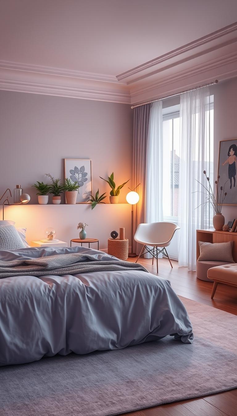 A serene fantasy bedroom showcasing a harmonious color palette that inspires tranquility. In the foreground, a plush king-size bed draped in soft, muted tones of lavender and sky blue, adorned with textured throw pillows and a cozy blanket. To the right, a stylish nightstand with a minimalist lamp casting a warm glow, reflecting off a nearby large window dressed with sheer curtains. In the middle ground, a calming area rug in gentle pastels anchors the space, while a comfortable reading nook with a modern chair invites relaxation. The background features a tasteful arrangement of potted plants and artwork that emphasizes a whimsical yet sophisticated aesthetic. Soft, natural light spills through the window, creating a peaceful atmosphere. The overall ambiance is inviting and magical, perfect for fostering serenity. Photorealistic, high definition, shot from a slightly elevated angle to capture the entire room's essence. A serene fantasy bedroom showcasing a harmonious color palette that inspires tranquility. In the foreground, a plush king-size bed draped in soft, muted tones of lavender and sky blue, adorned with textured throw pillows and a cozy blanket. To the right, a stylish nightstand with a minimalist lamp casting a warm glow, reflecting off a nearby large window dressed with sheer curtains. In the middle ground, a calming area rug in gentle pastels anchors the space, while a comfortable reading nook with a modern chair invites relaxation. The background features a tasteful arrangement of potted plants and artwork that emphasizes a whimsical yet sophisticated aesthetic. Soft, natural light spills through the window, creating a peaceful atmosphere. The overall ambiance is inviting and magical, perfect for fostering serenity. Photorealistic, high definition, shot from a slightly elevated angle to capture the entire room's essence.