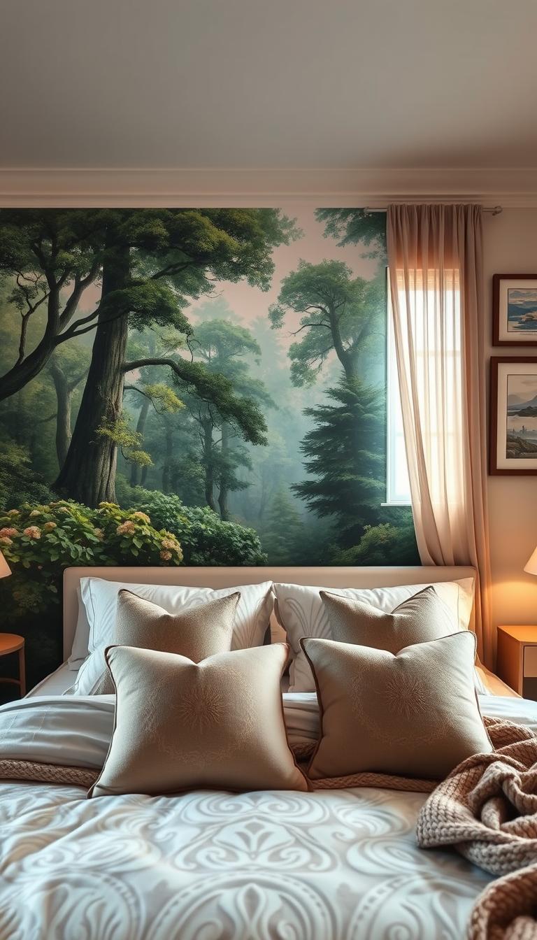 A serene fantasy bedroom with stunning wall art that tells a story, featuring a large, intricately detailed mural of a mystical forest scene, soft green and blue hues blending harmoniously. In the foreground, cozy, elegantly arranged pillows and a plush throw blanket adorn a stylish bed. The middle ground showcases framed vintage maps and watercolor landscapes hanging on the walls, providing character and depth. The background reveals a softly glowing window with sheer curtains, allowing gentle natural light to illuminate the space. The atmosphere is tranquil and inviting, evoking a sense of calm and wonder, perfect for inspiring relaxation. Capture in photorealistic high definition, with a focus on depth and texture, using a wide-angle lens to create a warm and immersive scene. A serene fantasy bedroom with stunning wall art that tells a story, featuring a large, intricately detailed mural of a mystical forest scene, soft green and blue hues blending harmoniously. In the foreground, cozy, elegantly arranged pillows and a plush throw blanket adorn a stylish bed. The middle ground showcases framed vintage maps and watercolor landscapes hanging on the walls, providing character and depth. The background reveals a softly glowing window with sheer curtains, allowing gentle natural light to illuminate the space. The atmosphere is tranquil and inviting, evoking a sense of calm and wonder, perfect for inspiring relaxation. Capture in photorealistic high definition, with a focus on depth and texture, using a wide-angle lens to create a warm and immersive scene.
