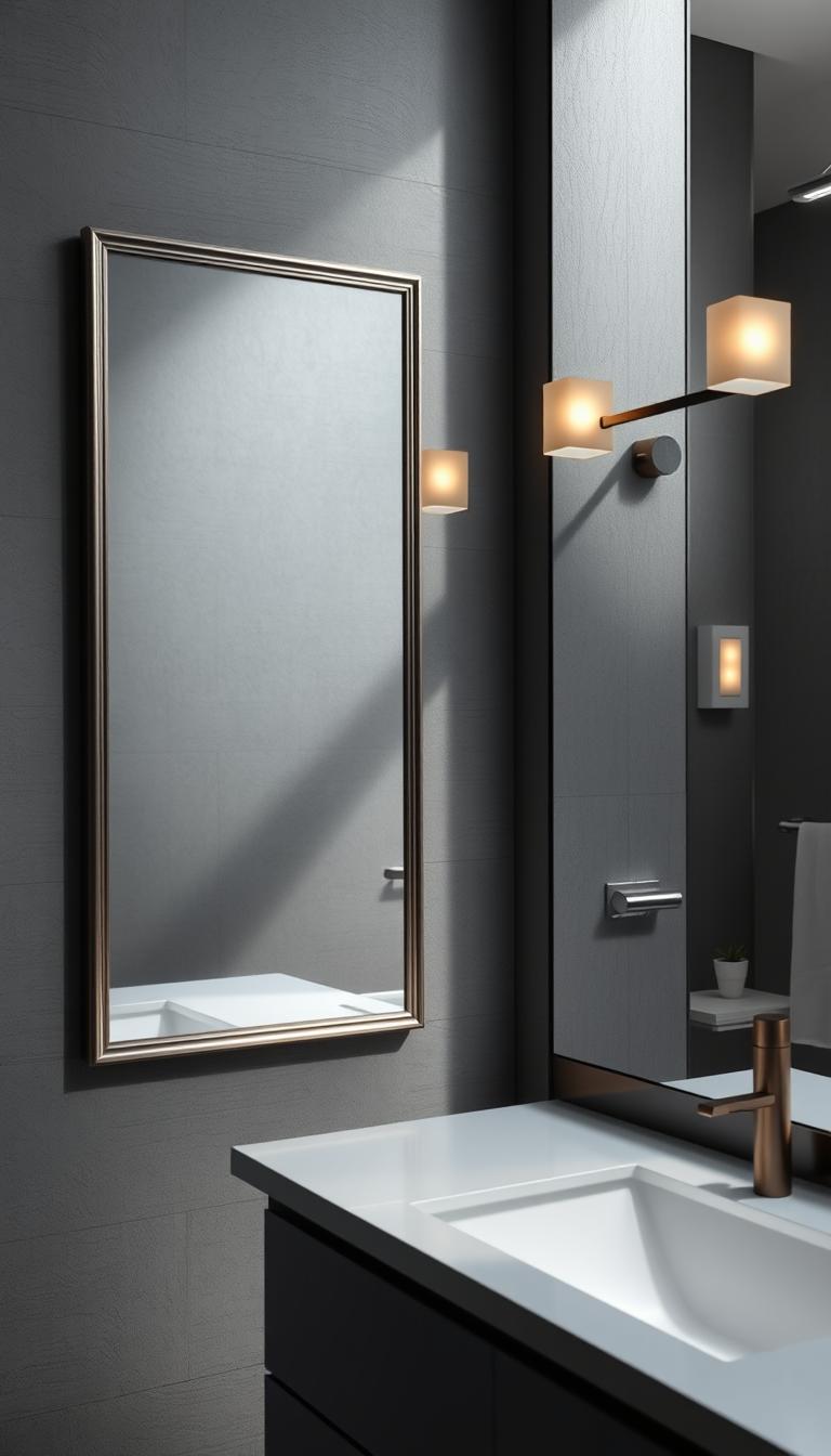 A serene gray bathroom featuring a large, elegantly framed mirror that reflects soft, natural light. In the foreground, the mirror’s polished surface contrasts beautifully with the textured gray wall behind it, adorned with delicate, minimalist light fixtures that cast a warm glow. In the middle ground, a sleek countertop with subtle decorative elements, such as a small potted plant and elegant toiletries. The background boasts muted gray tones with a touch of white accents, enhancing the tranquil atmosphere. The overall mood is calming and sophisticated, emphasizing the amplification of light in the space. The scene is captured from a slightly angled perspective, showcasing the interplay between the mirror and lighting, with high-definition clarity and photorealistic detail to evoke a sense of peaceful luxury.