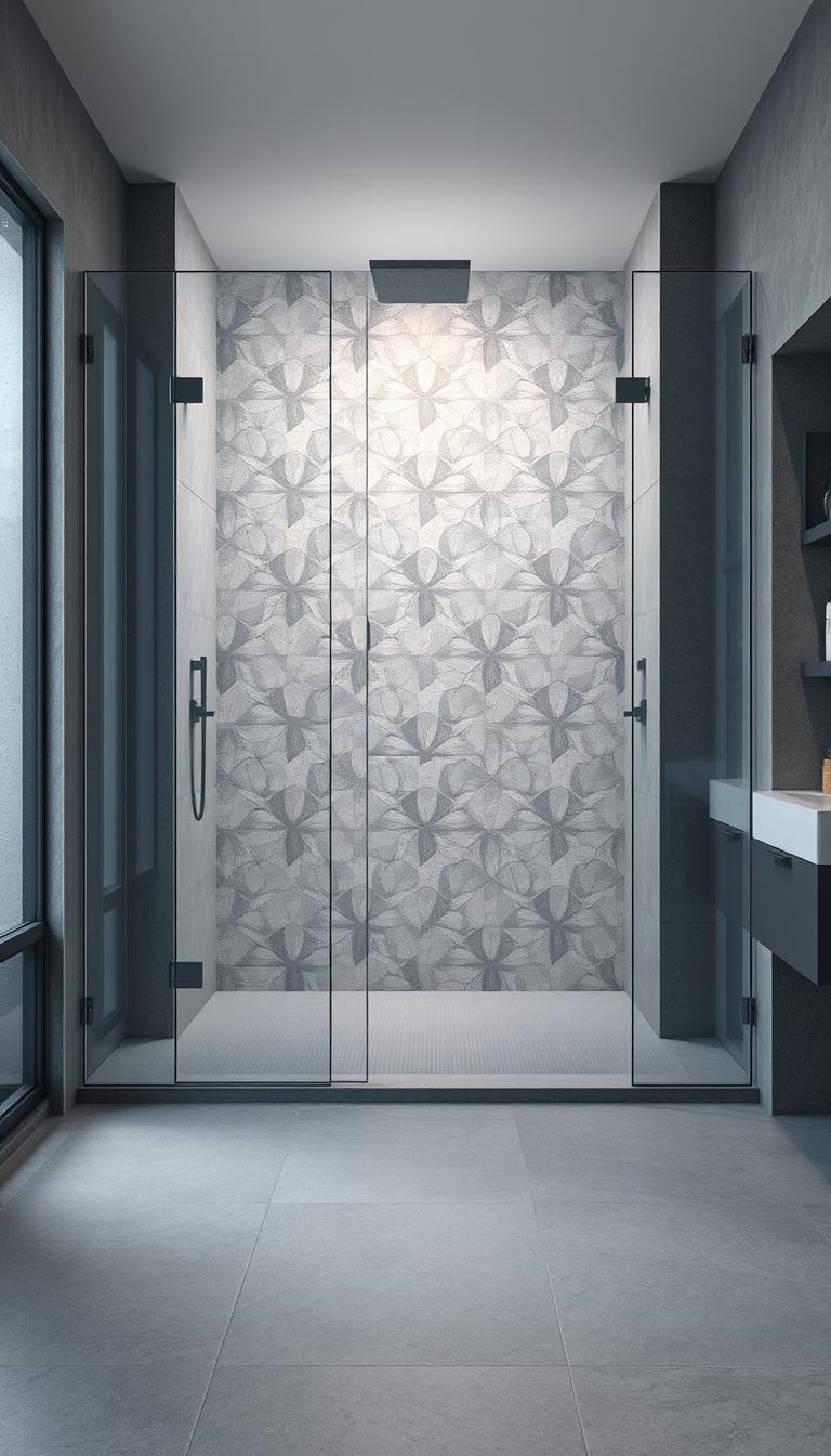 A serene gray bathroom featuring a modern shower area, complete with sleek glass panels and built-in niches for toiletries. The foreground shows a polished stone floor with elegant gray tiles. In the middle, the glass shower enclosure is framed beautifully, showcasing intricate statement tiles in soft shades of gray and white creating a calming pattern. Gentle water droplets shimmer on the glass, reflecting soft, ambient lighting that enhances the tranquil atmosphere. The background reveals soft gray walls with subtle textures, and a large frosted window allows natural light to filter through. Capture this scene using a 35mm lens, evoking a sense of peace and relaxation, perfect for a calming oasis retreat.