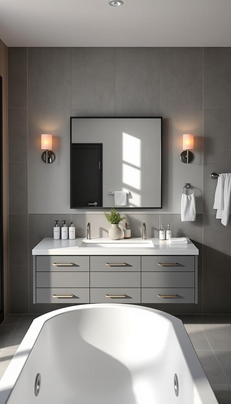 A serene gray bathroom featuring a stylish floating vanity as the focal point. The vanity showcases smooth, minimalist lines with ample storage, complemented by brushed metal hardware that adds a touch of elegance. The foreground highlights a beautifully organized countertop with neatly arranged toiletries and a small potted plant for a hint of greenery. In the middle ground, a large mirror reflects soft, natural light, enhancing the calming atmosphere, while delicate wall sconces provide warm illumination. The background includes subtle gray tiles and crisp white towels, creating a cohesive and tranquil vibe. The overall mood is peaceful and sophisticated, inviting relaxation. Captured in high definition with a slight overhead angle, emphasizing the cleanliness and modern design elements.