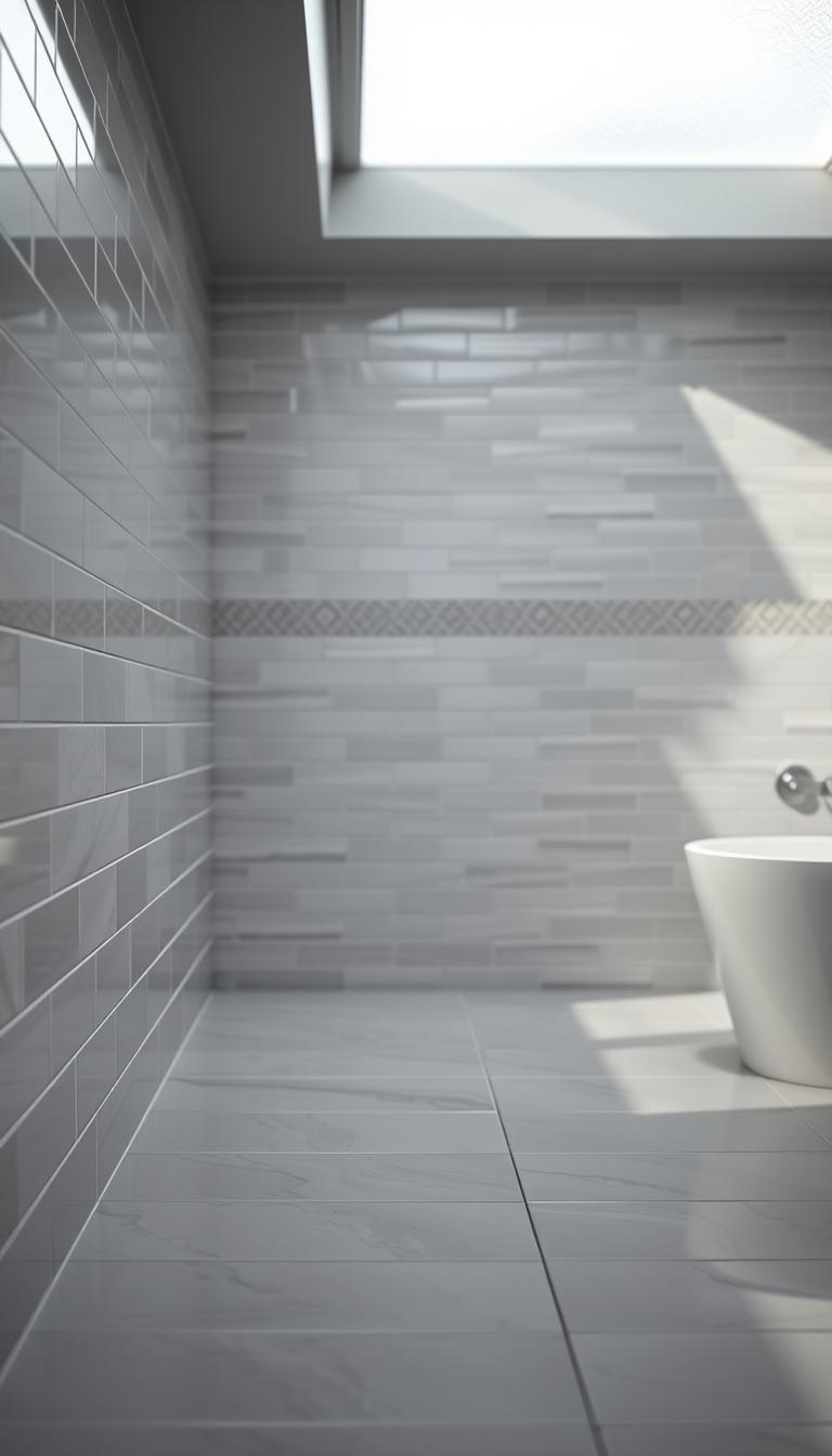 A serene gray bathroom showcasing elegant tile designs in a harmonious composition. The foreground features a close-up of polished subway tiles in soft gray tones, reflecting light with a subtle sheen. In the middle section, beautifully arranged hexagonal tiles create visual intrigue, juxtaposed with a delicate herringbone pattern along the walls, all adorned in a monochromatic palette. The background presents a calming atmosphere with soft natural light filtering through a frosted window, casting gentle shadows that enhance the textures of the tiles. The scene conveys a tranquil oasis, ideal for relaxation, with a minimalist aesthetic and clean lines. The composition emphasizes the beauty of tile-forward designs, focusing on sophistication and modernity in a bathroom setting. High-definition photorealistic quality captures every detail vividly.