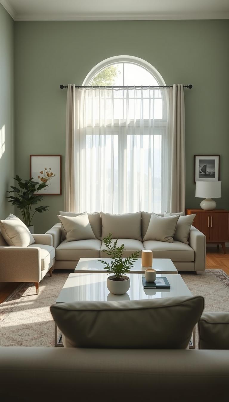 A serene living room featuring walls painted in a soft, calming sage green, representing the best hues from Sherwin-Williams and Benjamin Moore. In the foreground, a stylish, modern sofa with plush cushions in complementary neutral tones. In the middle ground, a sleek coffee table adorned with a small potted plant and artful decor. The background showcases a sunlit window with sheer curtains that softly illuminate the space, enhancing the peaceful atmosphere. The room is decorated with minimalist art pieces that echo the sage green theme. Captured in photorealistic detail with high definition, the image uses natural lighting that adds warmth and tranquility, evoking a sense of wellness and relaxation.