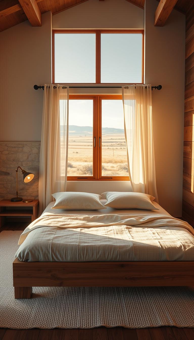 A serene, minimalist western bedroom design featuring clean lines and raw materials. In the foreground, a simple yet elegant wooden bed frame made from reclaimed wood, adorned with neutral-colored linens. To the side, a small bedside table with a vintage lamp casting a warm, soft glow. In the middle, a large window with sheer white curtains, allowing natural sunlight to flood the space, highlighting the textured walls—a combination of natural stone and wood. In the background, a picturesque view of a wide-open prairie landscape, framed by the window. The atmosphere is calm and inviting, emphasizing tranquility and simplicity, shot with a wide-angle lens to capture the spaciousness, under warm afternoon light for a cozy ambiance.