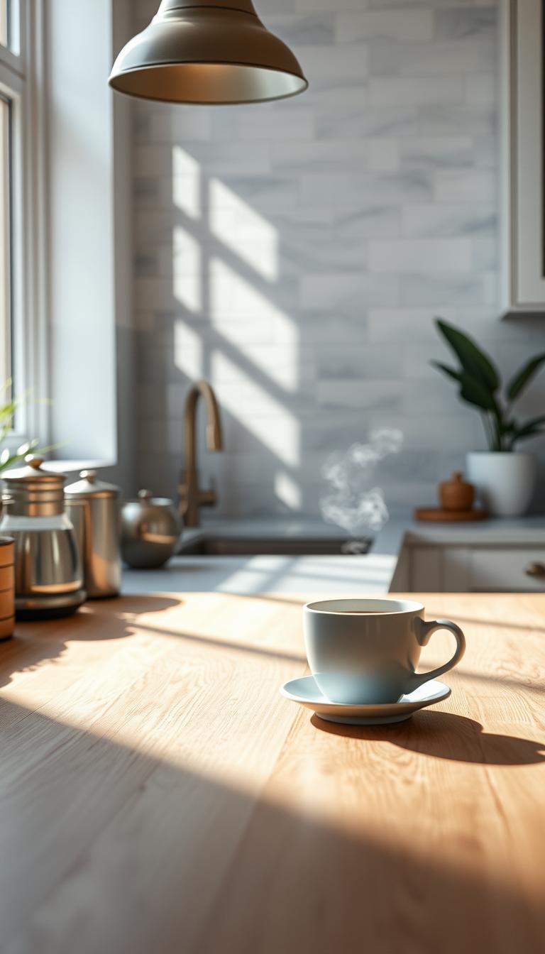 A serene modern coffee bar featuring a stunning backsplash that blends Zellige tiles, elegant marble, and classic subway tiles in harmonious shades of soft blue, white, and light gray. In the foreground, a polished wooden countertop with a steaming coffee cup and delicate coffee accessories, inviting a sense of calm morning ritual. The middle ground showcases the intricate backsplash design, beautifully lit with natural sunlight streaming through a nearby window, reflecting off the tiles and creating a sense of depth and texture. The background hints at a cozy, minimalist kitchen ambiance with soft-focus cabinetry and plants, enhancing the tranquil atmosphere. This photorealistic image captures the essence of a peaceful coffee bar experience, accentuated by high-definition details and soft lighting.