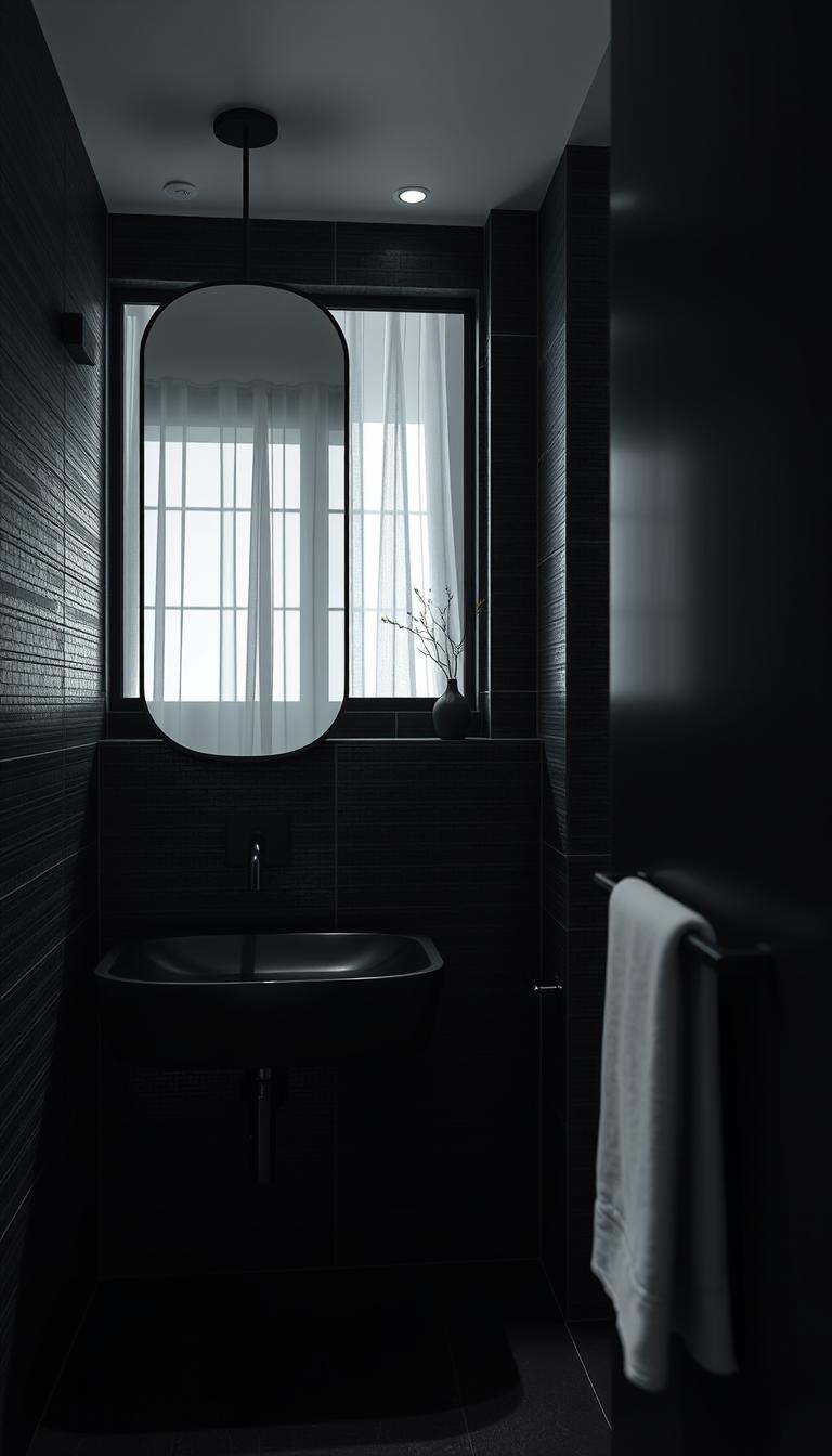 A serene, monochrome bathroom featuring elegant black mirrors as the focal point. The mirrors reflect subtle details, showcasing their sleek, minimalist design. In the foreground, the mirrors hang above a modern black sink, framed by soft, ambient lighting that casts a relaxing glow. The middle ground reveals dark, textured tiles on both the walls and floor, enhancing the depth and sophistication of the space. The background includes a stylish yet understated window with sheer curtains that allow natural light to filter in, enriching the tranquil atmosphere. Capture this scene with a wide-angle lens to emphasize the spaciousness, all rendered in photorealistic detail, conveying an intimate spa-like retreat, peaceful and inviting. A serene, monochrome bathroom featuring elegant black mirrors as the focal point. The mirrors reflect subtle details, showcasing their sleek, minimalist design. In the foreground, the mirrors hang above a modern black sink, framed by soft, ambient lighting that casts a relaxing glow. The middle ground reveals dark, textured tiles on both the walls and floor, enhancing the depth and sophistication of the space. The background includes a stylish yet understated window with sheer curtains that allow natural light to filter in, enriching the tranquil atmosphere. Capture this scene with a wide-angle lens to emphasize the spaciousness, all rendered in photorealistic detail, conveying an intimate spa-like retreat, peaceful and inviting.