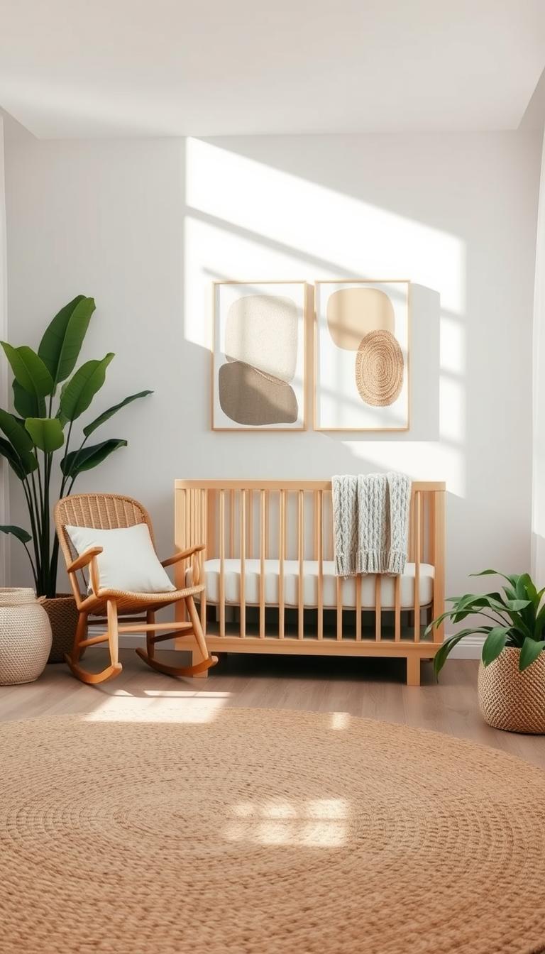 A serene nursery interior featuring a soft color palette of neutral tones, emphasizing natural textures. In the foreground, a plush, woven jute rug provides a warm foundation, complemented by a wooden rocking chair with a light linen cushion. The middle space showcases a minimalist crib made from pale oak, adorned with a hand-knit blanket. Soft, textured wall art depicting abstract shapes in muted colors hangs in the background, alongside a large window allowing gentle, diffused sunlight to cast soft shadows, creating a calm atmosphere. Lush greenery peeks in from the edges, enhancing the organic feel of the space. The overall mood is tranquil, inviting warmth and comfort, ideal for a nurturing environment.