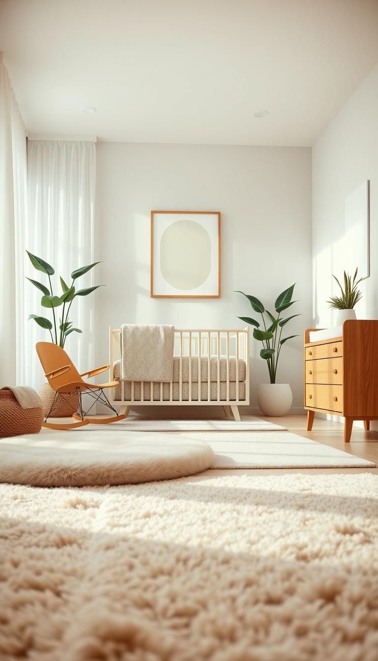 A serene nursery interior showcasing neutral textures with a calming atmosphere. In the foreground, soft, plush area rugs in light beige and cream provide a cozy feel. The middle ground features a beautifully arranged crib with a gently patterned, muted fabric, surrounded by a wooden rocking chair and a minimalistic changing table in warm wood tones. Natural light streams through sheer, white curtains, illuminating the space. In the background, minimalistic wall art with soft, abstract designs adds character, while leafy green plants in simple pots bring a touch of nature indoors. The overall mood is peaceful and inviting, creating a nurturing environment ideal for a newborn. The image should be photorealistic, captured at a slight angle to showcase depth, with high definition clarity. A serene nursery interior showcasing neutral textures with a calming atmosphere. In the foreground, soft, plush area rugs in light beige and cream provide a cozy feel. The middle ground features a beautifully arranged crib with a gently patterned, muted fabric, surrounded by a wooden rocking chair and a minimalistic changing table in warm wood tones. Natural light streams through sheer, white curtains, illuminating the space. In the background, minimalistic wall art with soft, abstract designs adds character, while leafy green plants in simple pots bring a touch of nature indoors. The overall mood is peaceful and inviting, creating a nurturing environment ideal for a newborn. The image should be photorealistic, captured at a slight angle to showcase depth, with high definition clarity.