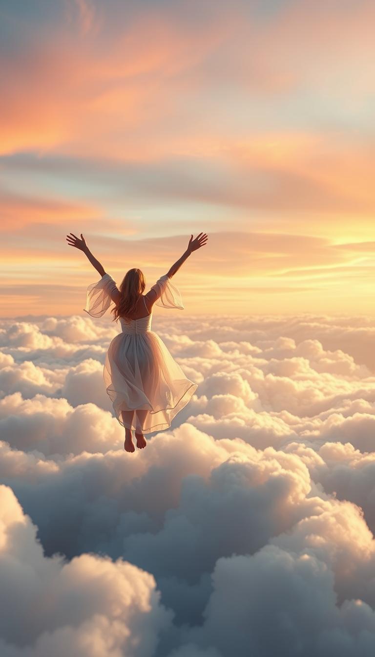 A serene, photorealistic depiction of a "cloud dancer" gracefully moving among fluffy, soft clouds in a dreamy sky. In the foreground, a figure dressed in elegant, flowing white and pastel clothing embodies a sense of freedom and tranquility, their arms stretched upwards as if embracing the clouds. The middle ground features layers of soft white and light blue clouds, gently illuminated by warm sunlight, casting subtle shadows that create depth. In the background, a vibrant, pastel-hued sunset bathes the sky in shades of pink, lavender, and orange, enhancing the ethereal atmosphere. The lighting is soft and diffused, capturing a tranquil moment in time, with a focus on harmony and serenity. This image will inspire feelings of calm and hope, reflecting the essence of "Cloud Dancer."