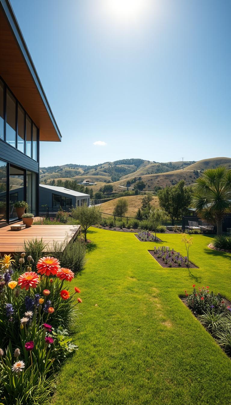 A serene residential landscape showcasing modern sustainable homes nestled among lush greenery. In the foreground, a beautifully designed home with expansive glass windows and a wooden deck, surrounded by colorful native plants and flowers. The middle area features a gentle sloping lawn leading to small gardens, interspersed with native trees that provide shade. In the background, rolling hills and a clear blue sky bathed in warm sunlight create a tranquil atmosphere. Capture the scene from a slightly elevated angle to emphasize the integration of architecture with nature, using a wide-angle lens for depth. The mood is peaceful and inspiring, reflecting harmony between design and the environment. The image should be photorealistic, high definition with vivid colors, devoid of any text or watermarks. A serene residential landscape showcasing modern sustainable homes nestled among lush greenery. In the foreground, a beautifully designed home with expansive glass windows and a wooden deck, surrounded by colorful native plants and flowers. The middle area features a gentle sloping lawn leading to small gardens, interspersed with native trees that provide shade. In the background, rolling hills and a clear blue sky bathed in warm sunlight create a tranquil atmosphere. Capture the scene from a slightly elevated angle to emphasize the integration of architecture with nature, using a wide-angle lens for depth. The mood is peaceful and inspiring, reflecting harmony between design and the environment. The image should be photorealistic, high definition with vivid colors, devoid of any text or watermarks.