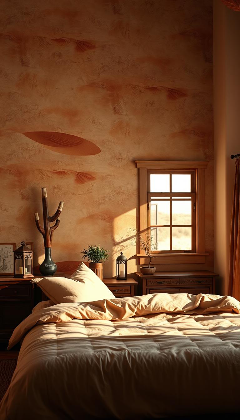 A serene western-style bedroom featuring a beautifully textured wall adorned with desert-themed wallpaper, showcasing subtle hues of beige, terracotta, and soft sage green patterns reminiscent of rolling sand dunes and desert flora. In the foreground, a cozy bed with a plush, neutral-colored duvet and decorative pillows invites relaxation. The middle ground includes a stylish wooden nightstand with a small potted plant and a lantern, while the background reveals a softly lit window, allowing warm natural light to flood the room. The atmosphere is tranquil and inviting, evoking a sense of calm retreat. High-definition, photorealistic imagery with soft focus on the wall details, captured with a wide-angle lens to emphasize the spaciousness of the room.