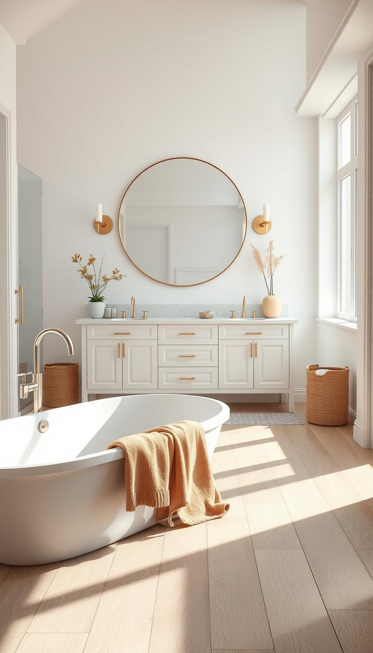 A serene white bathroom showcasing modern design integrated with warmth and comfort. In the foreground, a freestanding white bathtub is elegantly positioned on a textured wood floor, surrounded by plush towels in soft earth tones. The middle ground features a sleek double vanity with polished brass fixtures and a large round mirror reflecting soft, natural light. Accessories like potted succulents and scented candles add a homely touch. The background displays frosted glass windows allowing gentle light to filter through, enhancing the inviting atmosphere. The scene is bathed in warm, diffused sunlight, creating a cozy, lived-in feel. The image should capture a fresh, clean aesthetic that encourages relaxation and tranquility, all in photorealistic high definition. A serene white bathroom showcasing modern design integrated with warmth and comfort. In the foreground, a freestanding white bathtub is elegantly positioned on a textured wood floor, surrounded by plush towels in soft earth tones. The middle ground features a sleek double vanity with polished brass fixtures and a large round mirror reflecting soft, natural light. Accessories like potted succulents and scented candles add a homely touch. The background displays frosted glass windows allowing gentle light to filter through, enhancing the inviting atmosphere. The scene is bathed in warm, diffused sunlight, creating a cozy, lived-in feel. The image should capture a fresh, clean aesthetic that encourages relaxation and tranquility, all in photorealistic high definition.