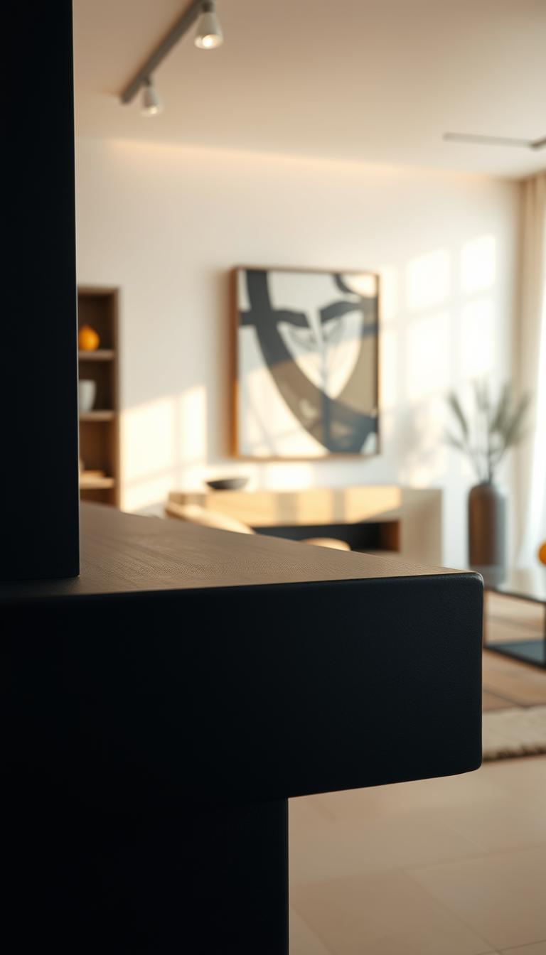A sleek, matte black mantel with a minimalist design takes center stage, showcasing clean lines and a smooth surface. In the foreground, the mantel features subtle texturing, enhancing its contemporary appeal. The middle ground is softly illuminated by warm lighting, casting gentle shadows that emphasize the mantel's features. Behind the mantel is a stylish, modern living room with neutral walls and abstract art, allowing the black finish to stand out. The scene is captured from a slightly elevated angle, providing depth and perspective. Soft natural light filters in from a nearby window, creating a cozy atmosphere. The overall mood is sophisticated yet inviting, perfect for contemporary home decor enthusiasts.