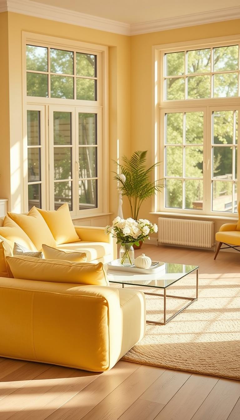 A soft and inviting interior scene showcasing a bright yellow living room, primarily featuring a light pastel yellow color palette reminiscent of buttercream. In the foreground, a cozy, stylish sofa adorned with plush cushions in various shades of yellow rests on a light wooden floor. The middle ground includes a sleek coffee table filled with tasteful decor, such as a vase of fresh white flowers. The background reveals large windows filtering in warm, natural sunlight, casting a gentle glow across the room. The atmosphere is serene and uplifting, evoking a sense of tranquility and happiness. The image should be captured in high definition with a shallow depth of field, emphasizing the warmth and subtle elegance of the space.