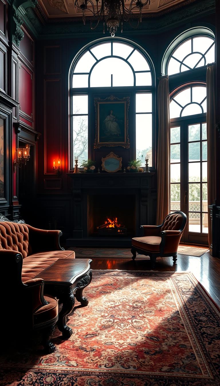 A sophisticated interior of a Black Victorian house, showcasing richly adorned walls with deep hues of burgundy and emerald green. In the foreground, an ornate Victorian-style sofa upholstered in luxurious velvet, accompanied by a carved wooden coffee table with intricate detailing. The middle ground features an elegant fireplace framed by elegant mantle decor, flanked by vintage wall sconces casting a warm glow. Large, arched windows with heavy drapes allow soft, diffused sunlight to spill in, enhancing the opulent aesthetic. The background reveals a beautifully patterned Persian rug on a polished hardwood floor, with tasteful artwork adorning the walls. The overall mood is one of refined elegance and historical charm, captured from a slightly elevated angle to emphasize the grandeur of the space. A photorealistic rendering with high definition. A sophisticated interior of a Black Victorian house, showcasing richly adorned walls with deep hues of burgundy and emerald green. In the foreground, an ornate Victorian-style sofa upholstered in luxurious velvet, accompanied by a carved wooden coffee table with intricate detailing. The middle ground features an elegant fireplace framed by elegant mantle decor, flanked by vintage wall sconces casting a warm glow. Large, arched windows with heavy drapes allow soft, diffused sunlight to spill in, enhancing the opulent aesthetic. The background reveals a beautifully patterned Persian rug on a polished hardwood floor, with tasteful artwork adorning the walls. The overall mood is one of refined elegance and historical charm, captured from a slightly elevated angle to emphasize the grandeur of the space. A photorealistic rendering with high definition.