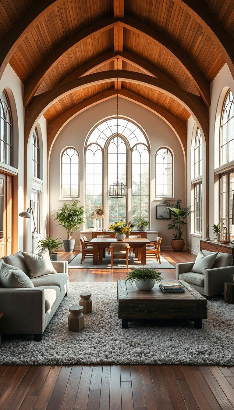 A spacious first-floor living area of a converted church home, showcasing a harmonious design that promotes ease and flow. In the foreground, a well-appointed sitting area features a cozy sofa adorned with soft, neutral cushions, a rustic coffee table made from reclaimed wood, and a plush area rug. The middle ground reveals an open-plan layout connecting the living space to a dining area with an elegant wooden table, surrounded by comfortable chairs. Large arched windows in the background fill the room with warm, natural light, casting soft shadows on the high ceilings, emphasizing the architectural curves typical of church interiors. The atmosphere is serene and inviting, with indoor plants adding to the sense of wellbeing. High definition, photorealistic, captured at a slight angle to highlight the flow of the space. A spacious first-floor living area of a converted church home, showcasing a harmonious design that promotes ease and flow. In the foreground, a well-appointed sitting area features a cozy sofa adorned with soft, neutral cushions, a rustic coffee table made from reclaimed wood, and a plush area rug. The middle ground reveals an open-plan layout connecting the living space to a dining area with an elegant wooden table, surrounded by comfortable chairs. Large arched windows in the background fill the room with warm, natural light, casting soft shadows on the high ceilings, emphasizing the architectural curves typical of church interiors. The atmosphere is serene and inviting, with indoor plants adding to the sense of wellbeing. High definition, photorealistic, captured at a slight angle to highlight the flow of the space.