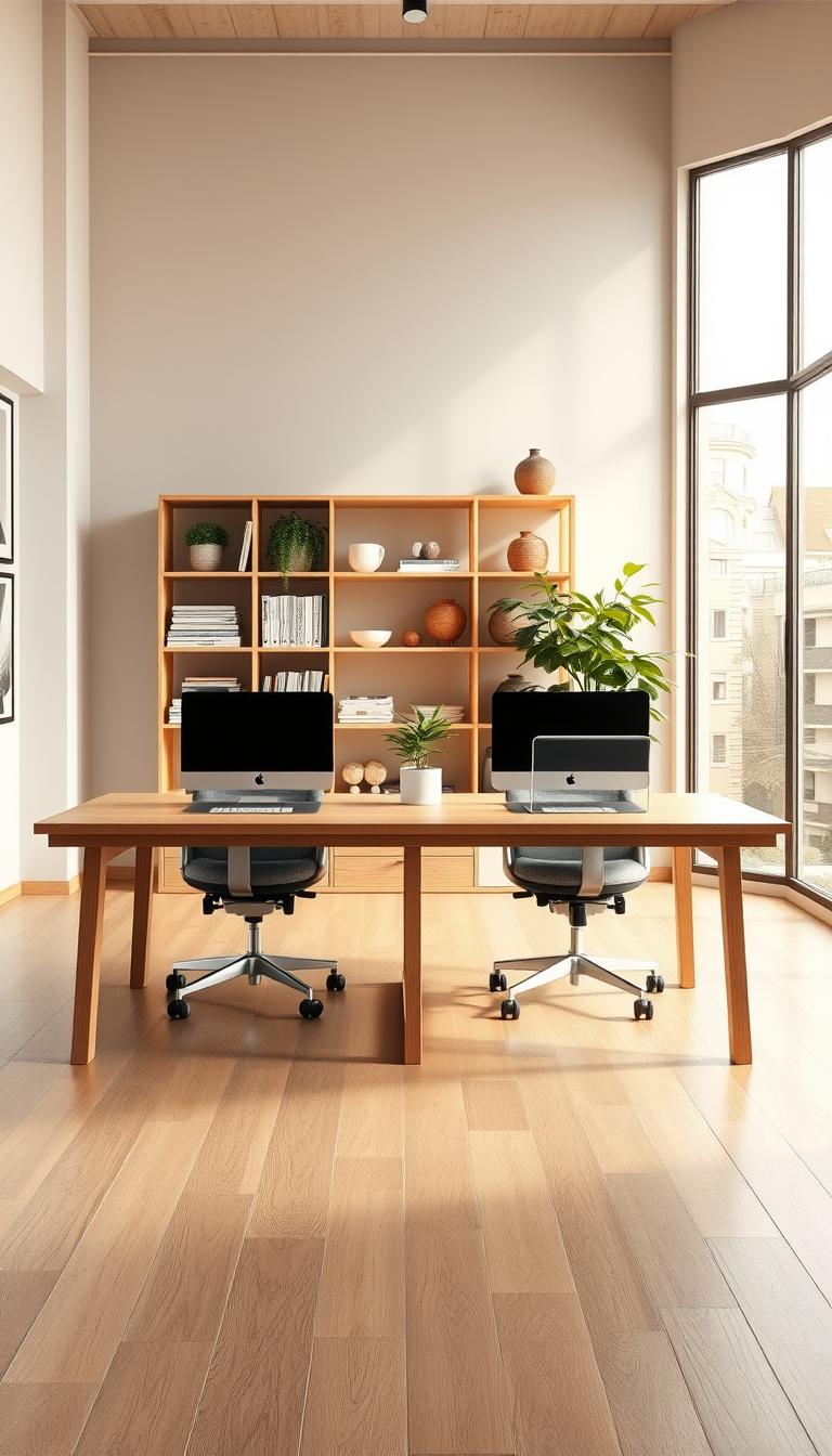 A spacious interior home office featuring a modern Ikea double desk in the foreground, made of sleek, light-colored wood with ample workspace. Two ergonomic chairs positioned symmetrically at the desk, adorned with soft cushions for comfort. In the middle ground, an organized shelf filled with books and decorative items complements the desk setup, while a vibrant indoor plant adds a touch of greenery. The background shows a large window allowing warm, natural light to flood the room, creating an inviting atmosphere. The scene is captured with a wide-angle lens to emphasize the spaciousness and functionality of the workspace, conveying a professional yet cozy vibe perfect for collaboration. High-definition photorealistic quality brings out the textures and details beautifully.