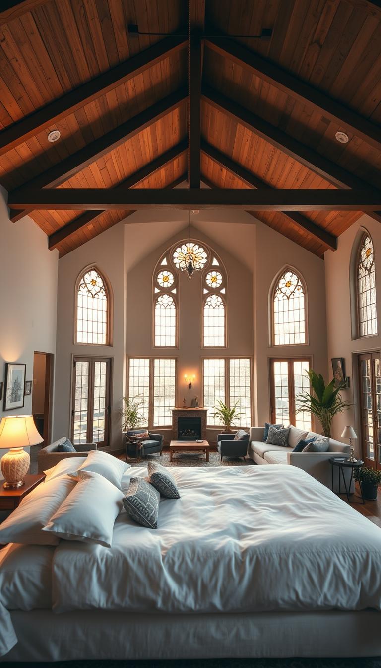 A spacious loft bedroom in a converted church, featuring a primary suite that radiates tranquility and comfort. The foreground showcases a large, plush bed with soft white linens and decorative pillows, complemented by a stylish bedside table with a serene lamp. In the middle ground, expansive stained glass windows filter in warm, golden natural light, highlighting the architectural details of the high vaulted ceilings and exposed wooden beams. The background reveals a plush seating area with cozy, understated furniture, adorned with potted plants that enhance the calming atmosphere. The scene is captured with a wide-angle lens, emphasizing the airy space and inviting mood, with soft shadows that add depth. The overall ambiance conveys a sense of relaxation and wellbeing, perfect for a private retreat. A spacious loft bedroom in a converted church, featuring a primary suite that radiates tranquility and comfort. The foreground showcases a large, plush bed with soft white linens and decorative pillows, complemented by a stylish bedside table with a serene lamp. In the middle ground, expansive stained glass windows filter in warm, golden natural light, highlighting the architectural details of the high vaulted ceilings and exposed wooden beams. The background reveals a plush seating area with cozy, understated furniture, adorned with potted plants that enhance the calming atmosphere. The scene is captured with a wide-angle lens, emphasizing the airy space and inviting mood, with soft shadows that add depth. The overall ambiance conveys a sense of relaxation and wellbeing, perfect for a private retreat.