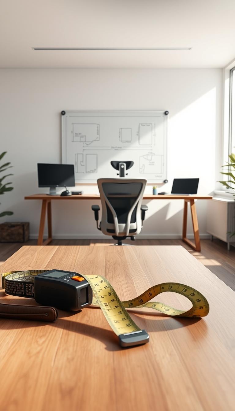 A spacious, well-lit measure room designed for planning home workspaces. In the foreground, a large, sturdy measuring tape lies on a sleek wooden table, with a digital measuring device next to it. The middle ground features a large wall-mounted whiteboard, covered with sketches and dimensions of a double desk layout. A modern ergonomic chair is positioned in front of the table, suggesting a dual workspace. The background displays large windows, allowing natural light to illuminate the space, enhancing a productive and organized atmosphere. Soft shadows create depth, while a clean, minimalistic aesthetic reflects a contemporary design. The image should evoke a sense of planning and professionalism, ideal for a shared home workspace. Photorealistic and high definition.
