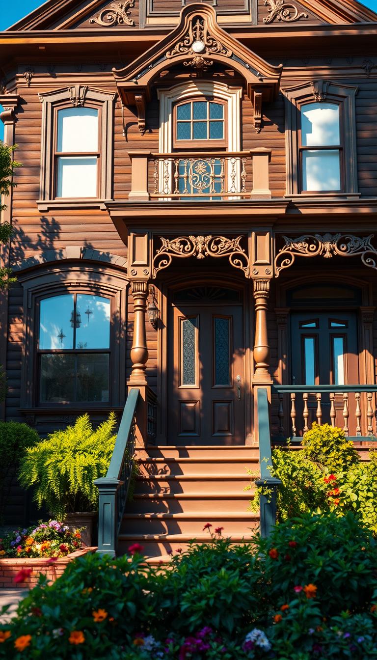 A striking black Victorian house, showcasing intricate exterior elements that embody elegance. The foreground features beautifully crafted wooden siding with rich textures, highlighted by delicate white trim around the windows and doors. Ornate accents, such as a decorative gable and wrought-iron railings, grace the structure. In the middle ground, vibrant landscaping includes lush greenery and colorful flower beds that enhance the home’s charm. The background captures a clear blue sky, allowing sunlight to cast warm, inviting shadows across the facade. The scene is shot from a slightly elevated angle, emphasizing the grandeur of the architecture. The overall mood is one of sophistication and timeless beauty, presented in high-definition photorealism to draw the viewer into the elegant world of Victorian design. A striking black Victorian house, showcasing intricate exterior elements that embody elegance. The foreground features beautifully crafted wooden siding with rich textures, highlighted by delicate white trim around the windows and doors. Ornate accents, such as a decorative gable and wrought-iron railings, grace the structure. In the middle ground, vibrant landscaping includes lush greenery and colorful flower beds that enhance the home’s charm. The background captures a clear blue sky, allowing sunlight to cast warm, inviting shadows across the facade. The scene is shot from a slightly elevated angle, emphasizing the grandeur of the architecture. The overall mood is one of sophistication and timeless beauty, presented in high-definition photorealism to draw the viewer into the elegant world of Victorian design.
