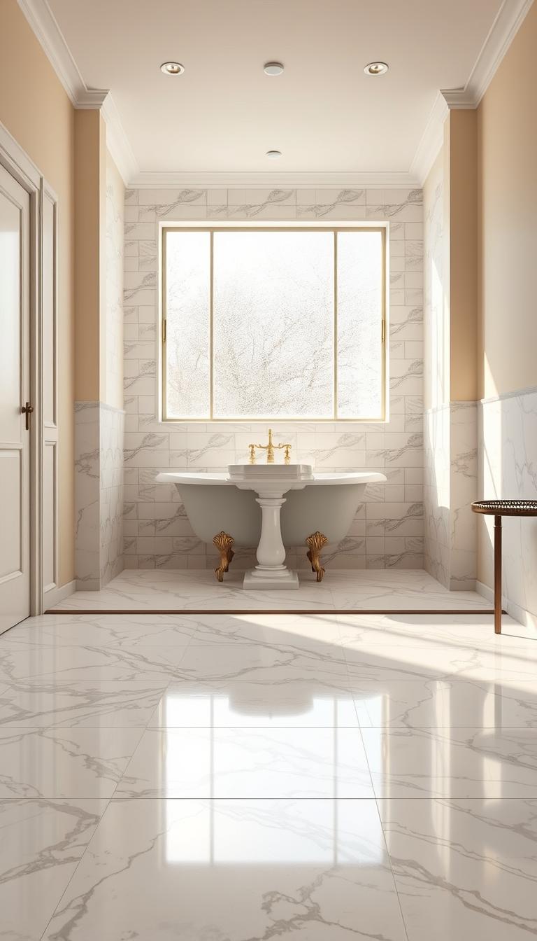 A stunning Carrara-look tile floor in a mid-century bathroom, showcasing elegant veining and a polished finish. In the foreground, a seamless pattern of large tiles reflects soft, natural light filtering through a frosted window, creating a serene atmosphere. The middle section displays a newly renovated bathroom, featuring a classic pedestal sink and a vintage-style bathtub surrounded by the exquisite tile work. Subtle brass fixtures add warmth and sophistication. In the background, walls painted in a soft pastel color complement the tiles, enhancing the calming ambiance. The scene captures a perfect blend of retro charm and contemporary freshness, with photorealistic details and high definition, evoking a nostalgic yet modern bathroom. The lighting is bright yet soft, with a focus on the intricate designs of the tiles and the overall aesthetic.