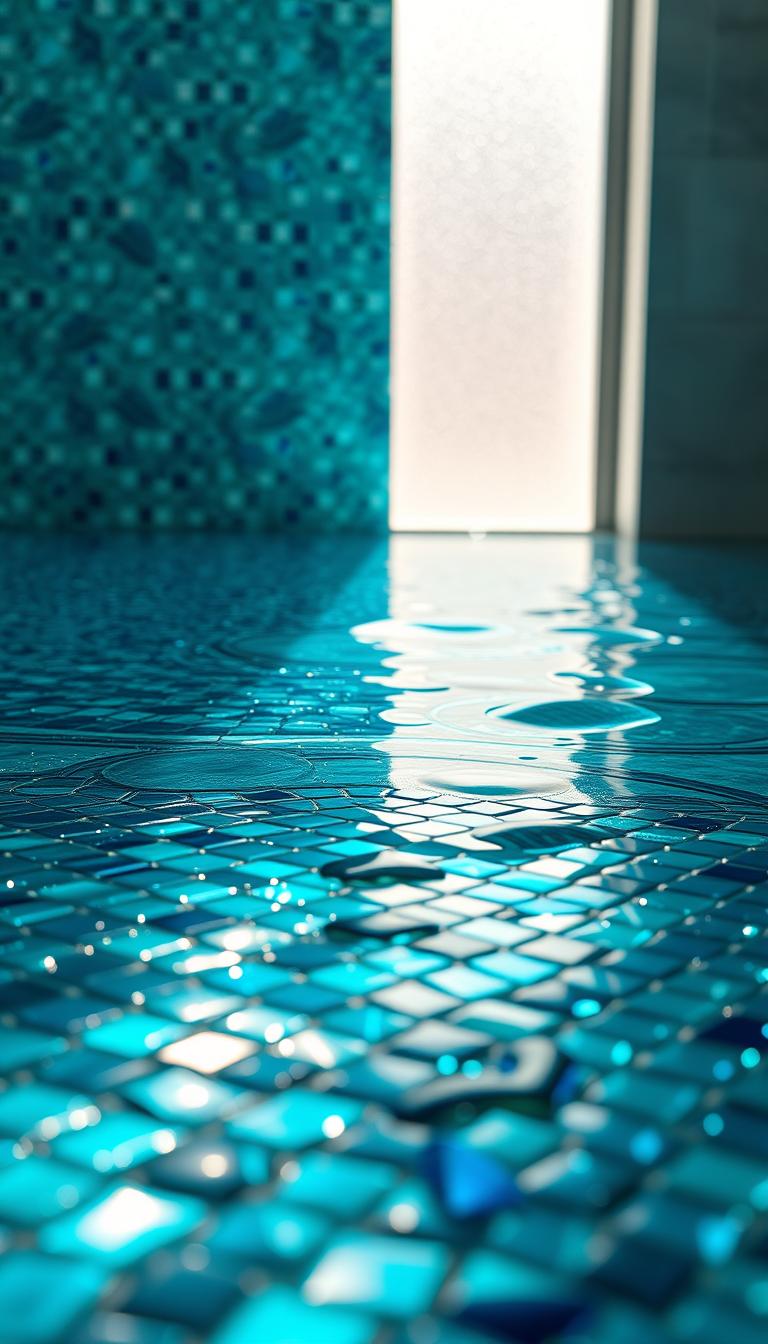 A stunning glass mosaic artwork featuring shimmering aquatic colors, capturing the essence of mermaids and ocean waves. In the foreground, intricate pieces of glass in shades of teal, blue, and shimmering silver create a detailed design resembling scales. The middle ground showcases a gently rippling surface that reflects the mosaic's vibrant colors, while in the background, soft, diffused lighting creates a serene and inviting atmosphere. The scene is illuminated by natural light filtering through a frosted window, enhancing the translucent quality of the glass. The composition should evoke a sense of tranquility and beauty, ideal for showcasing the care and maintenance of these artistic tiles in a bathroom setting. The image must be photorealistic and high definition, emphasizing the craftsmanship and elegance of the mosaic.